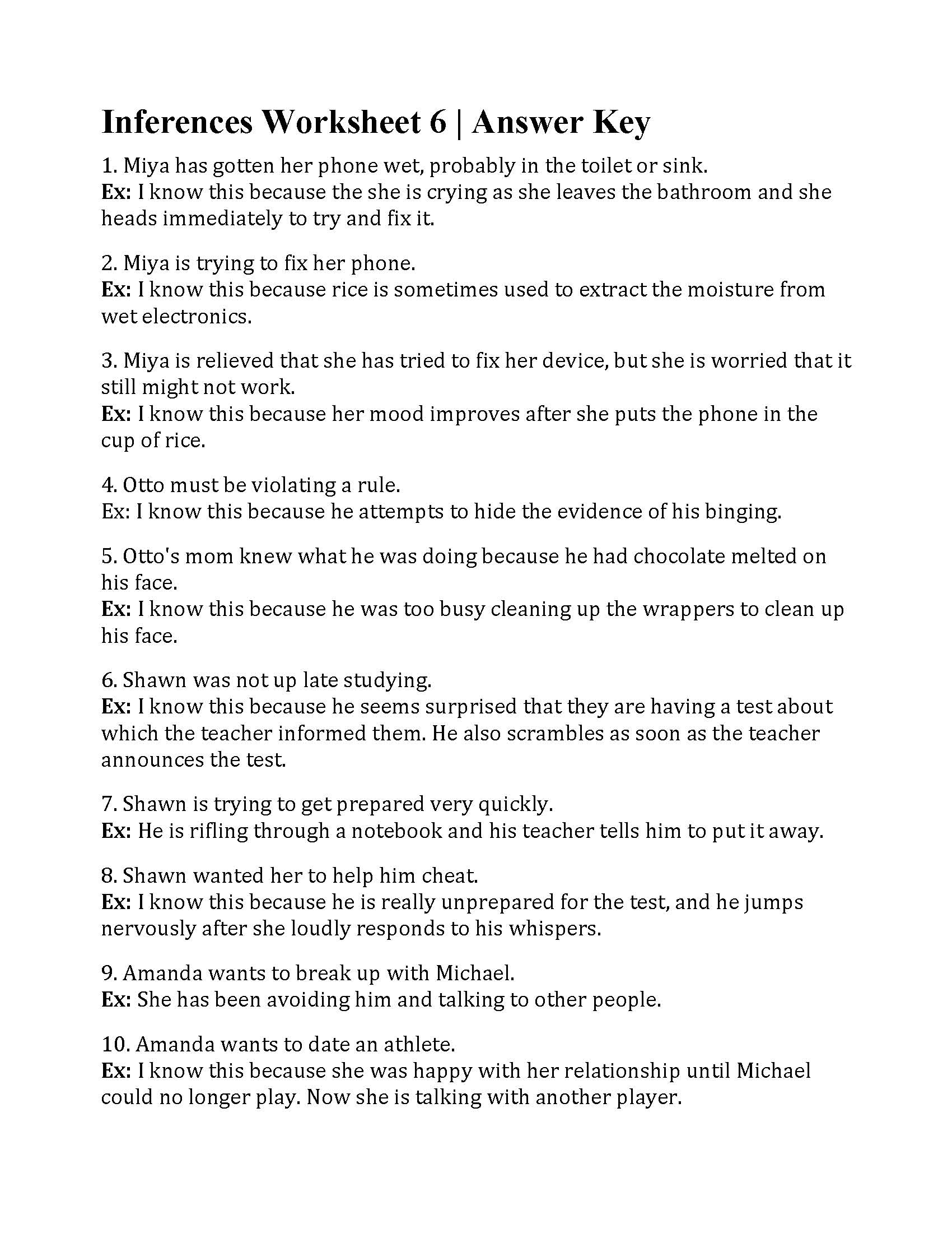 Inferences Worksheet 6 Reading Activity