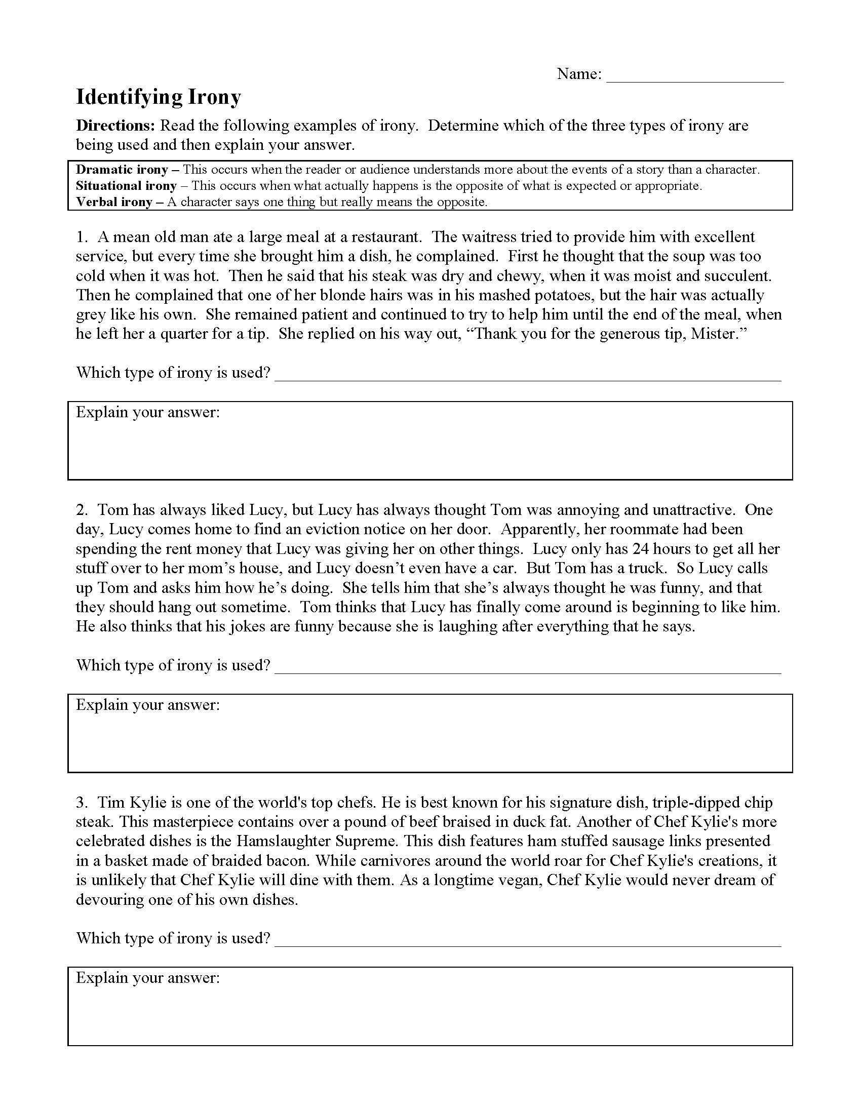 types of irony worksheet pdf