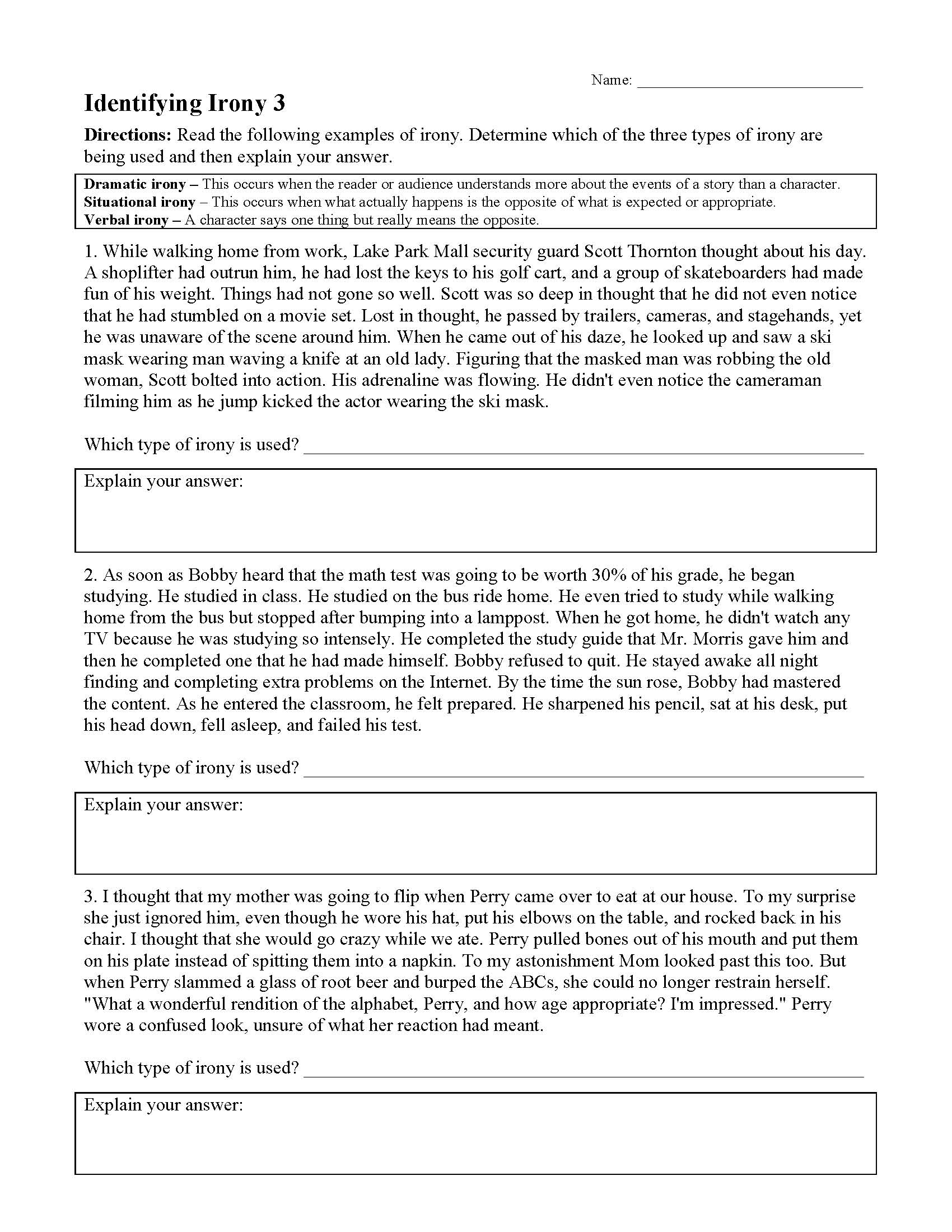 This is a preview image of Irony Worksheet 3. Click on it to enlarge it or view the source file.