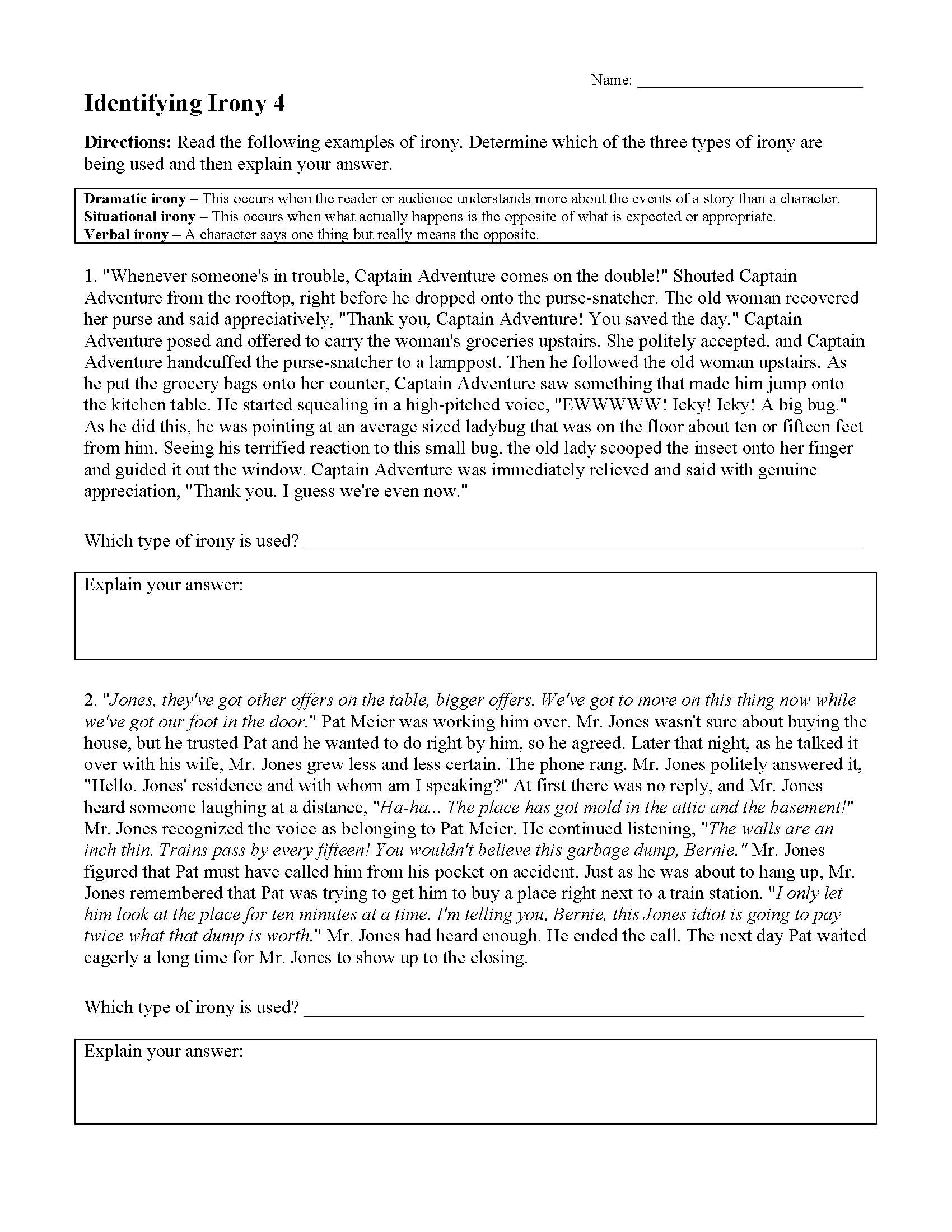 This is a preview image of Irony Worksheet 4. Click on it to enlarge it or view the source file.