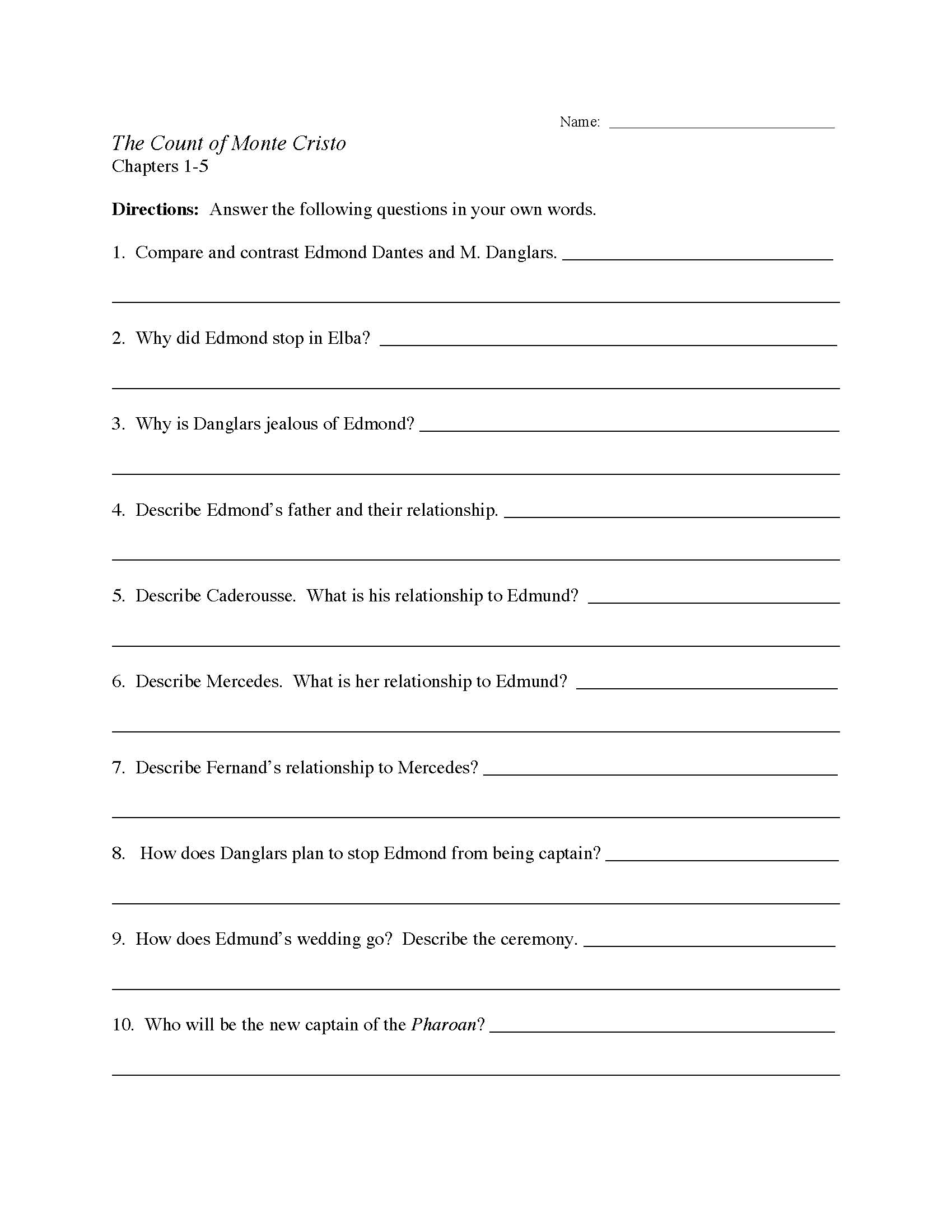 This is a preview image of the The Count of Monte Cristo Chapters 1-5 Worksheet.