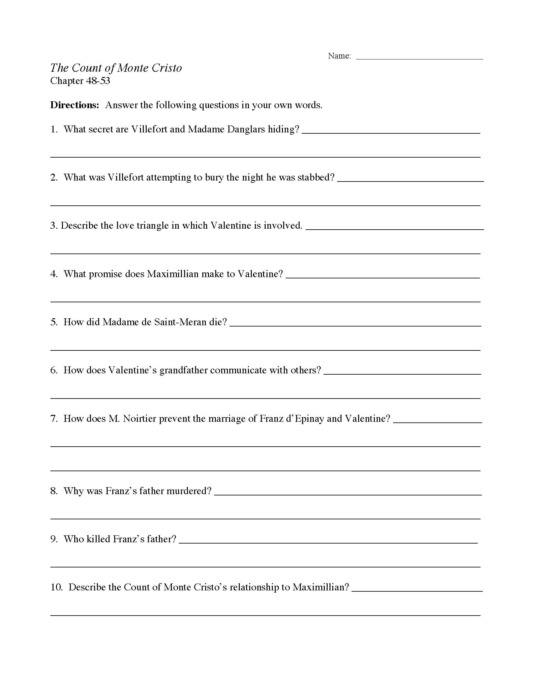 This is a preview image of the The Count of Monte Cristo Chapters 48-53 Worksheet.