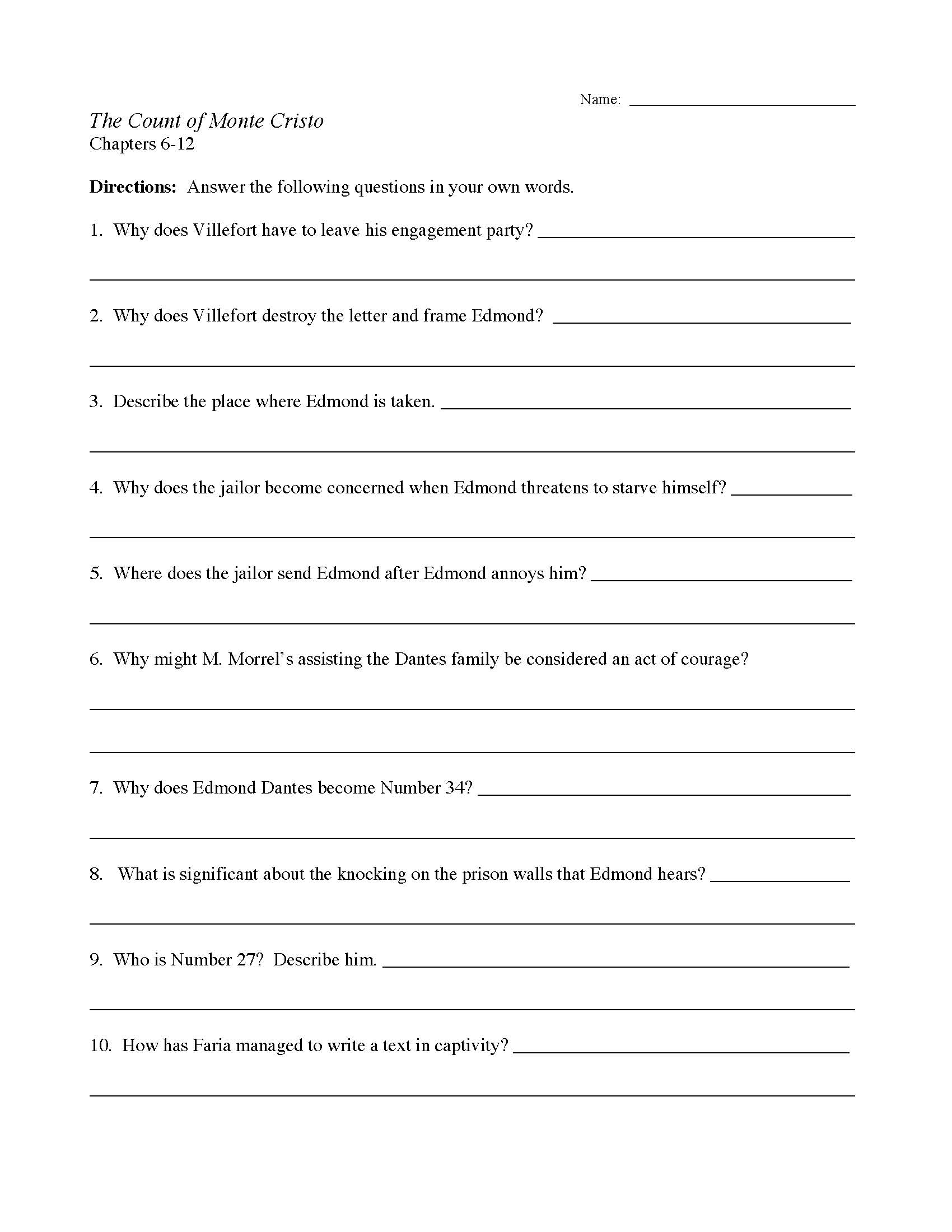 This is a preview image of the The Count of Monte Cristo Chapters 6-12 Worksheet.