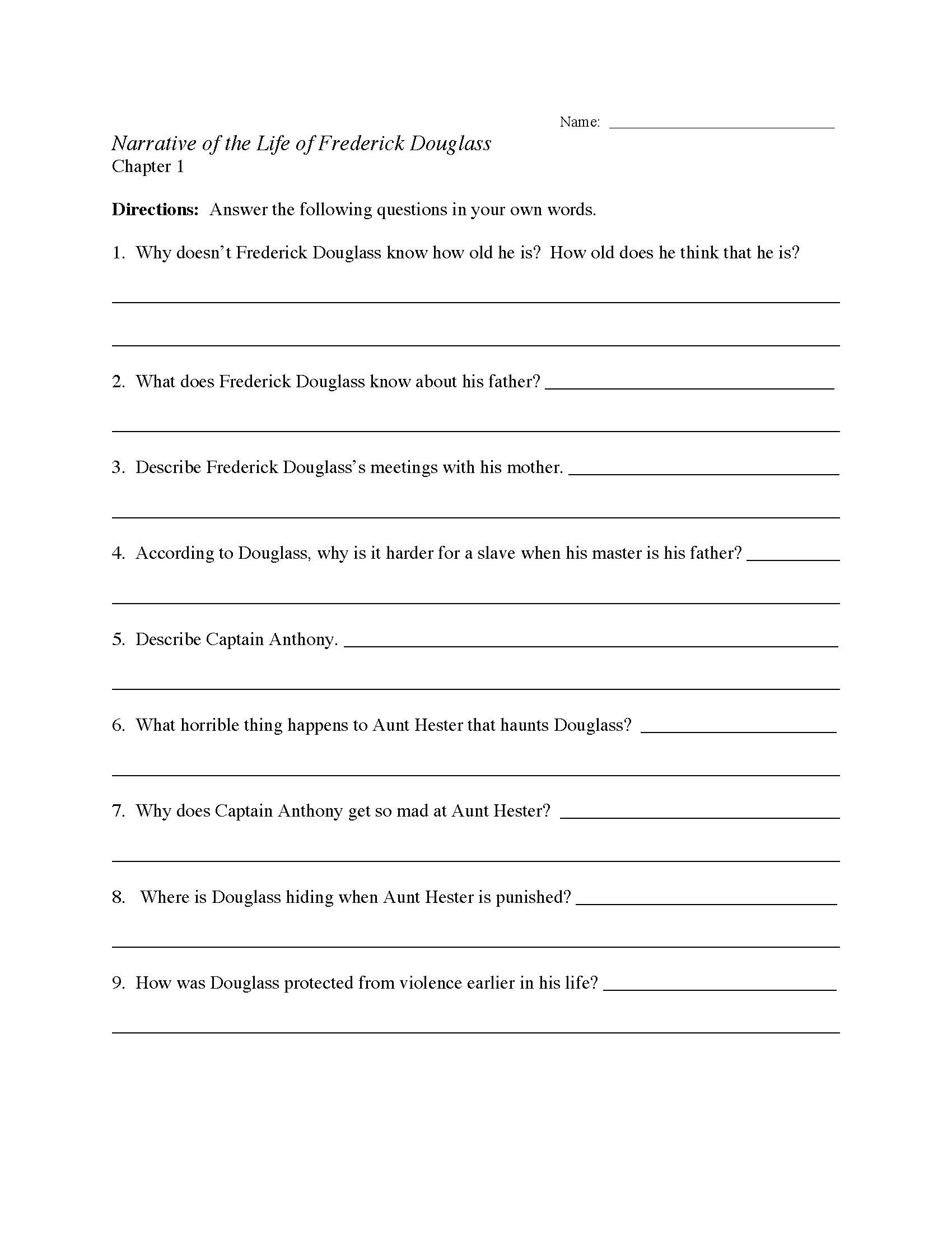 This is a preview image of the Narrative of the Life of Frederick Douglass Chapter One Worksheet.