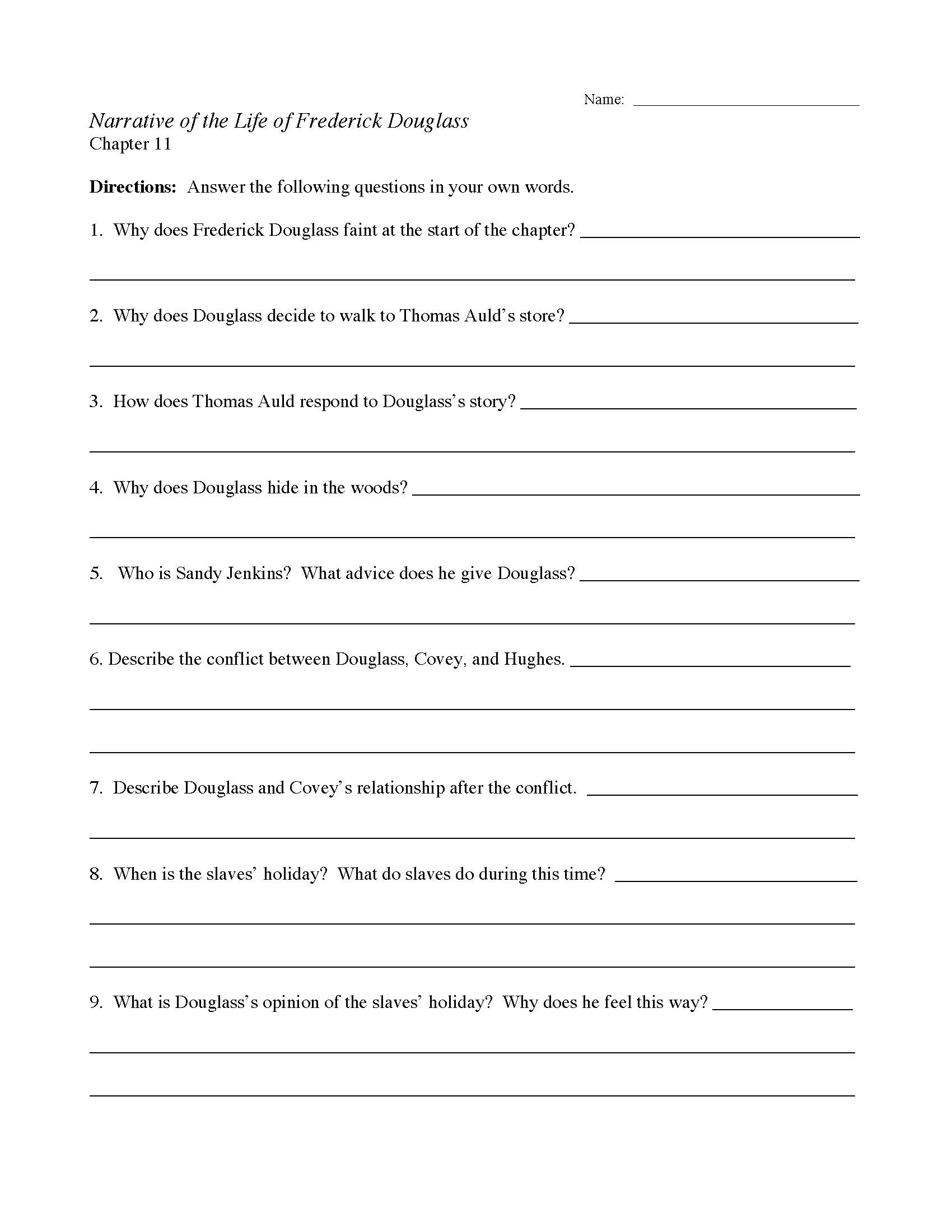 This is a preview image of the Narrative of the Life of Frederick Douglass Chapter Eleven Worksheet.