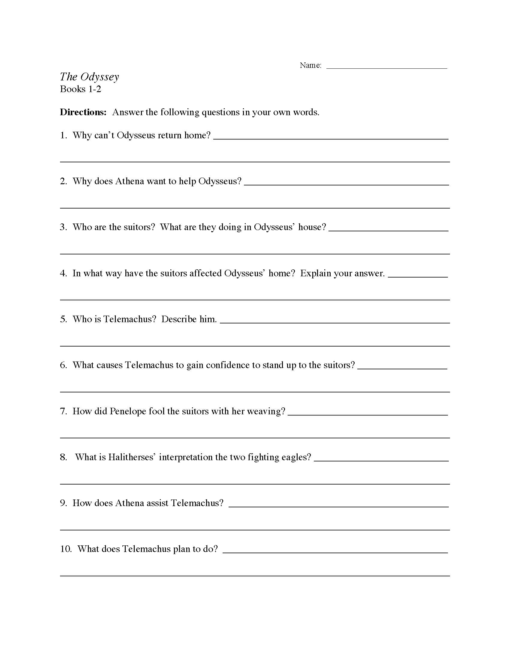 The Odyssey Chapters 1 2 Worksheet Preview