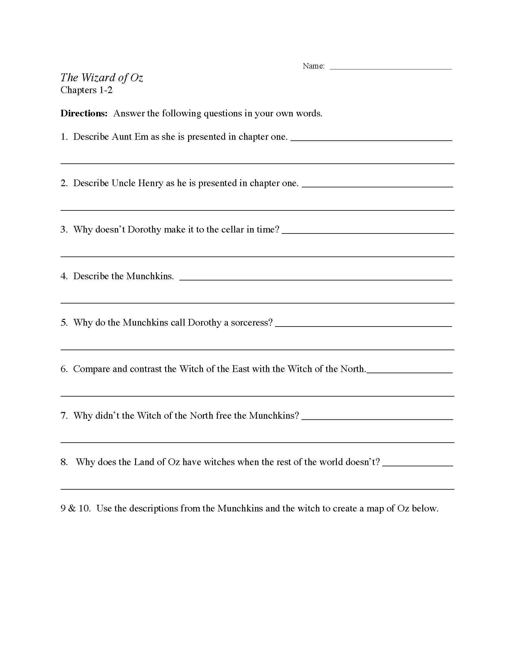 This is a preview image of the The Wizard of Oz Chapters 1-2 Worksheet.