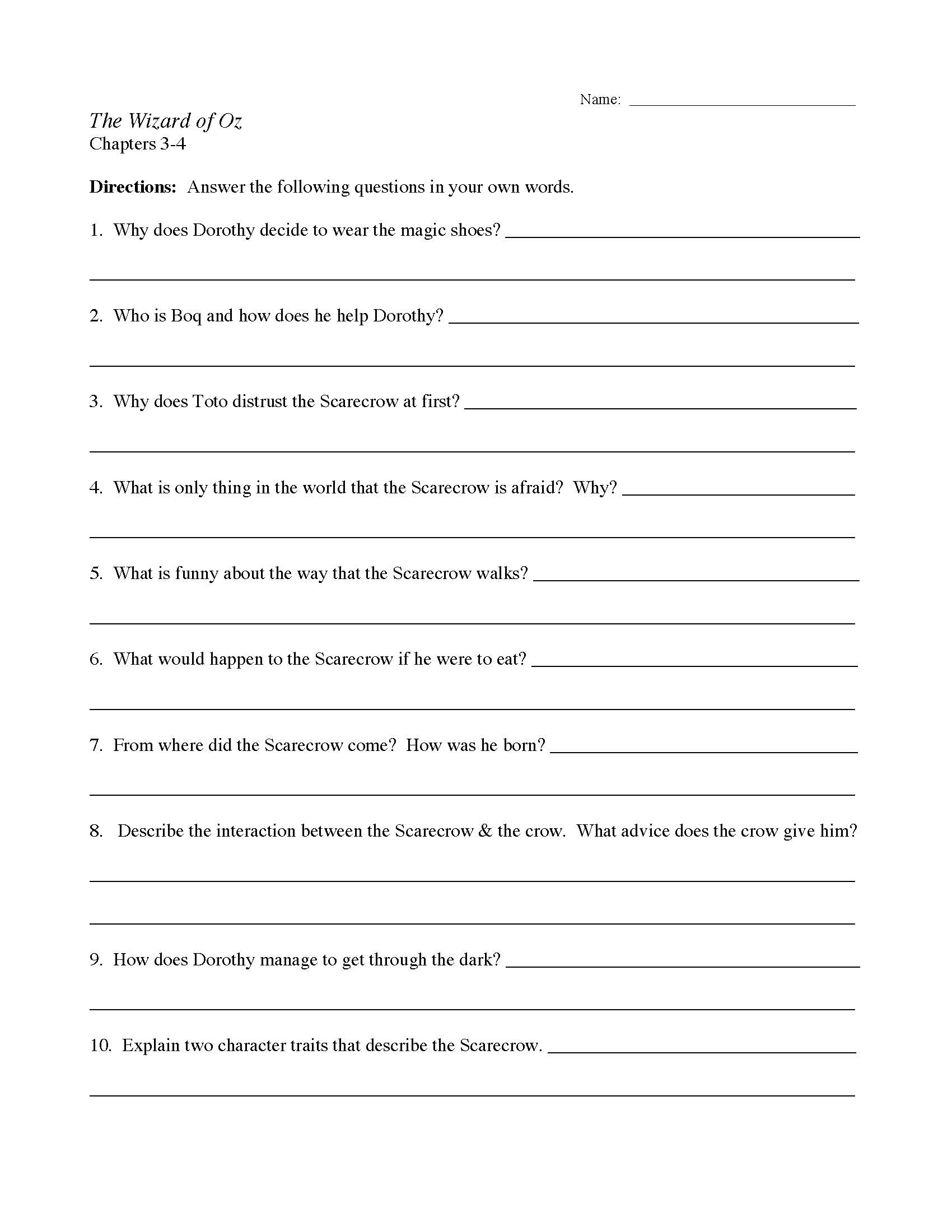 This is a preview image of the The Wizard of Oz Chapters 3-4 Worksheet.