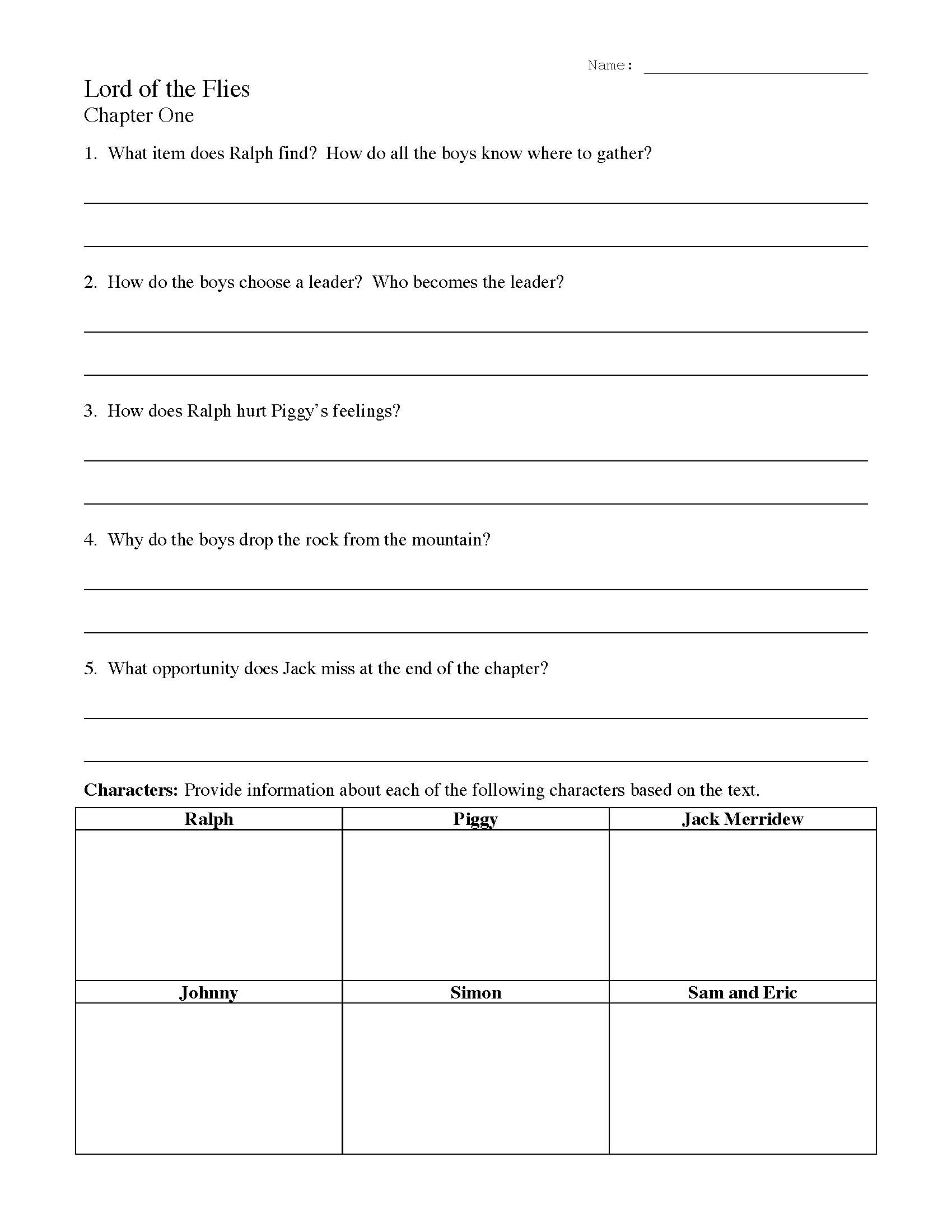 Lord of the Flies Chapter One Worksheet | Preview