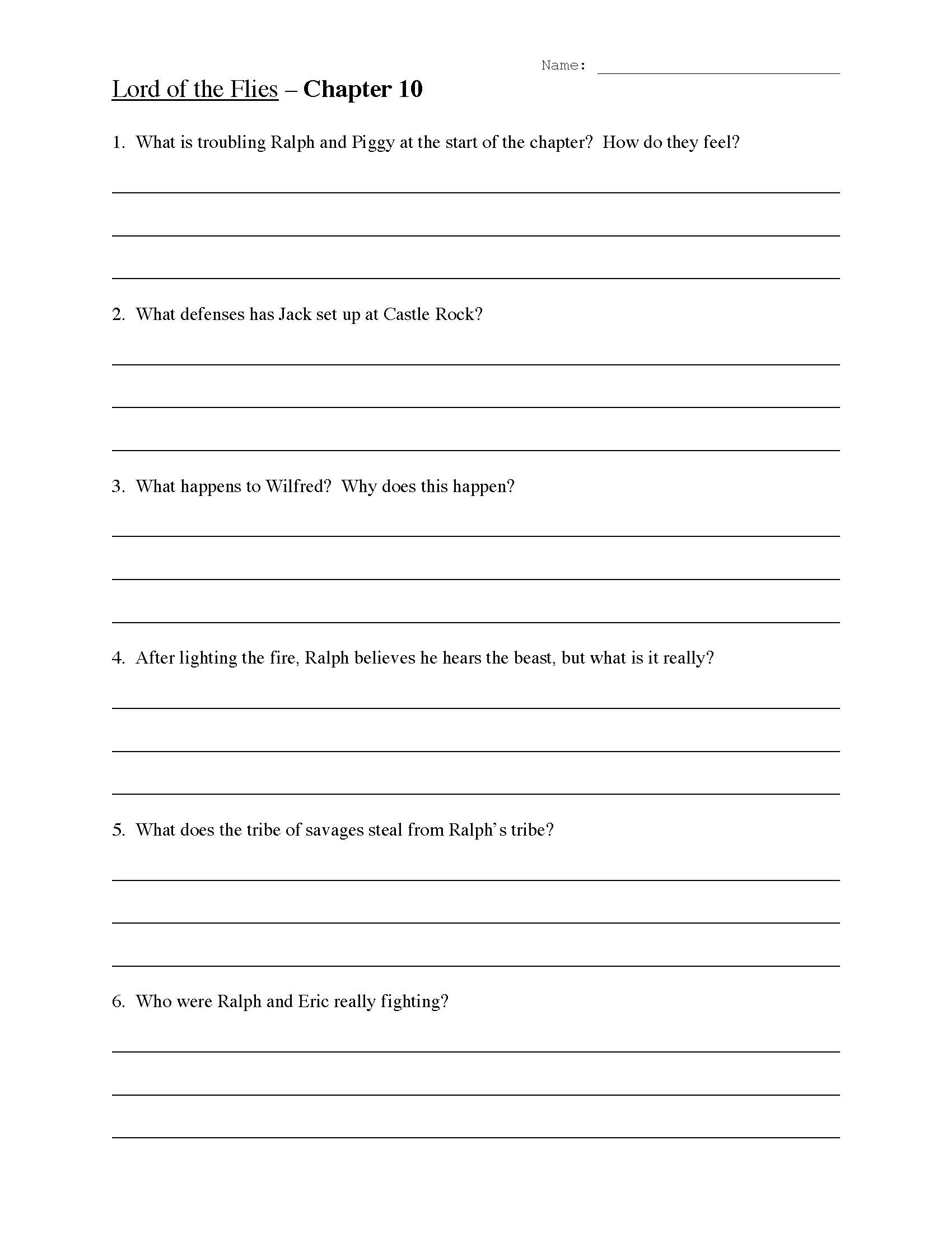 This is a preview image of the Lord of the Flies Chapter Ten Worksheet.