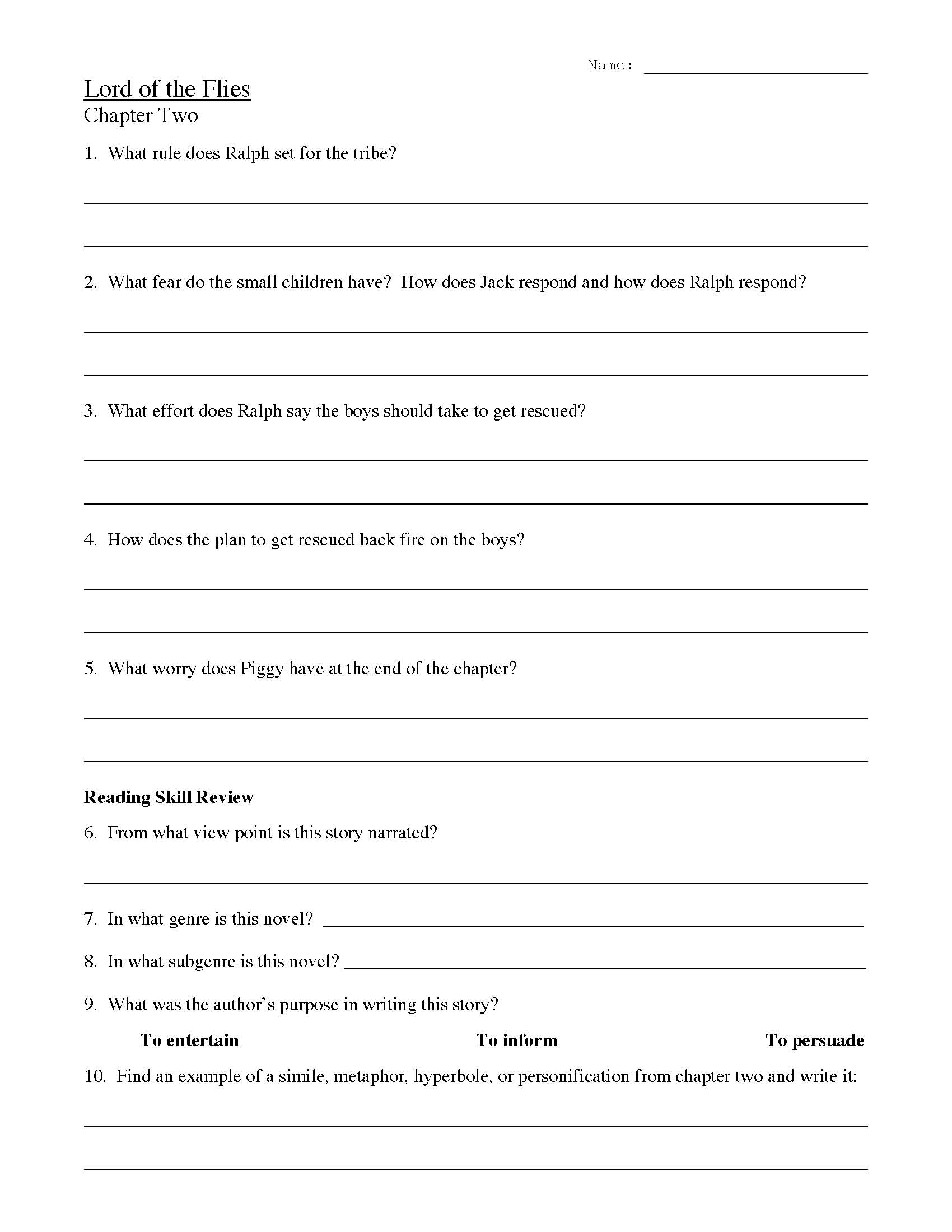 This is a preview image of the Lord of the Flies Chapter Two Worksheet.