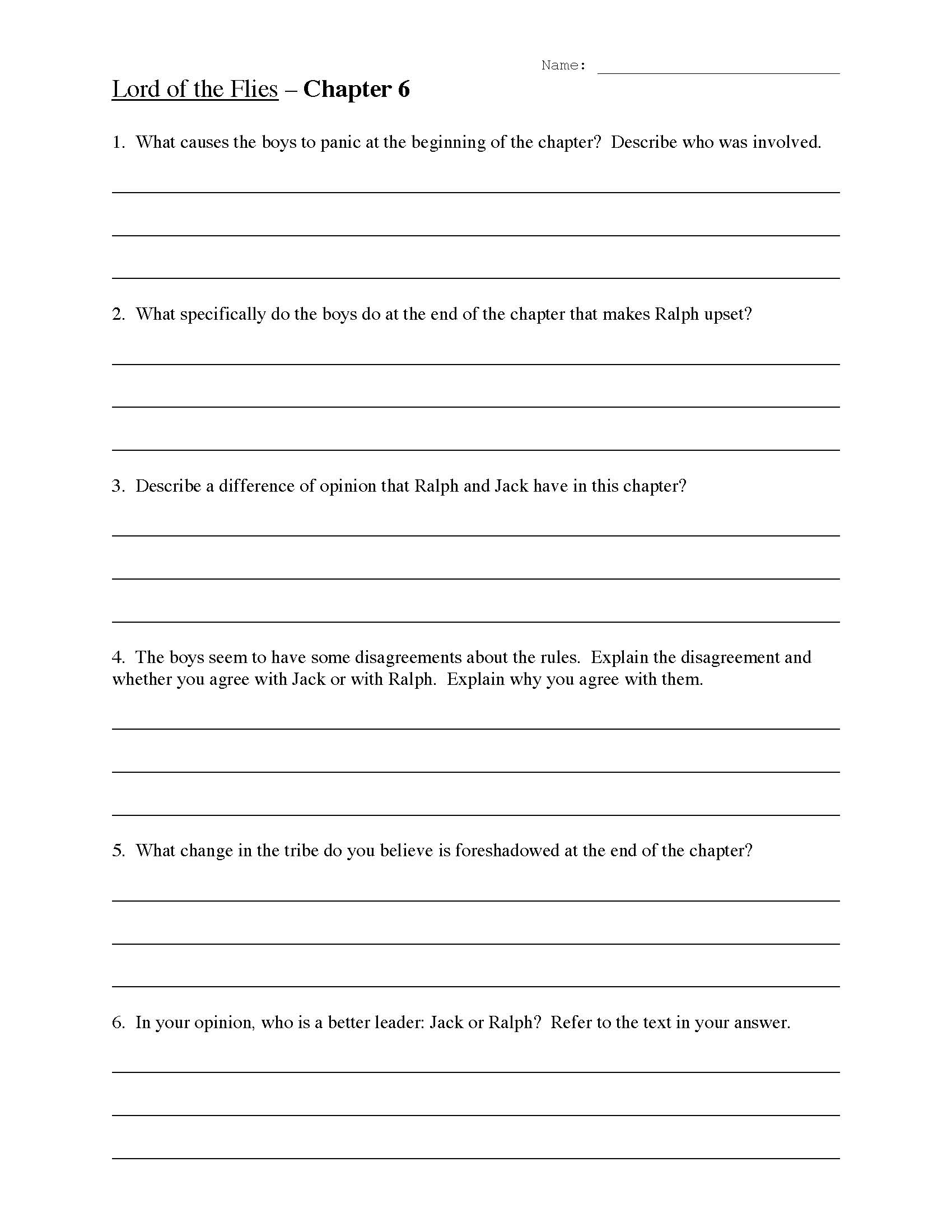 This is a preview image of the Lord of the Flies Chapter Six Worksheet.