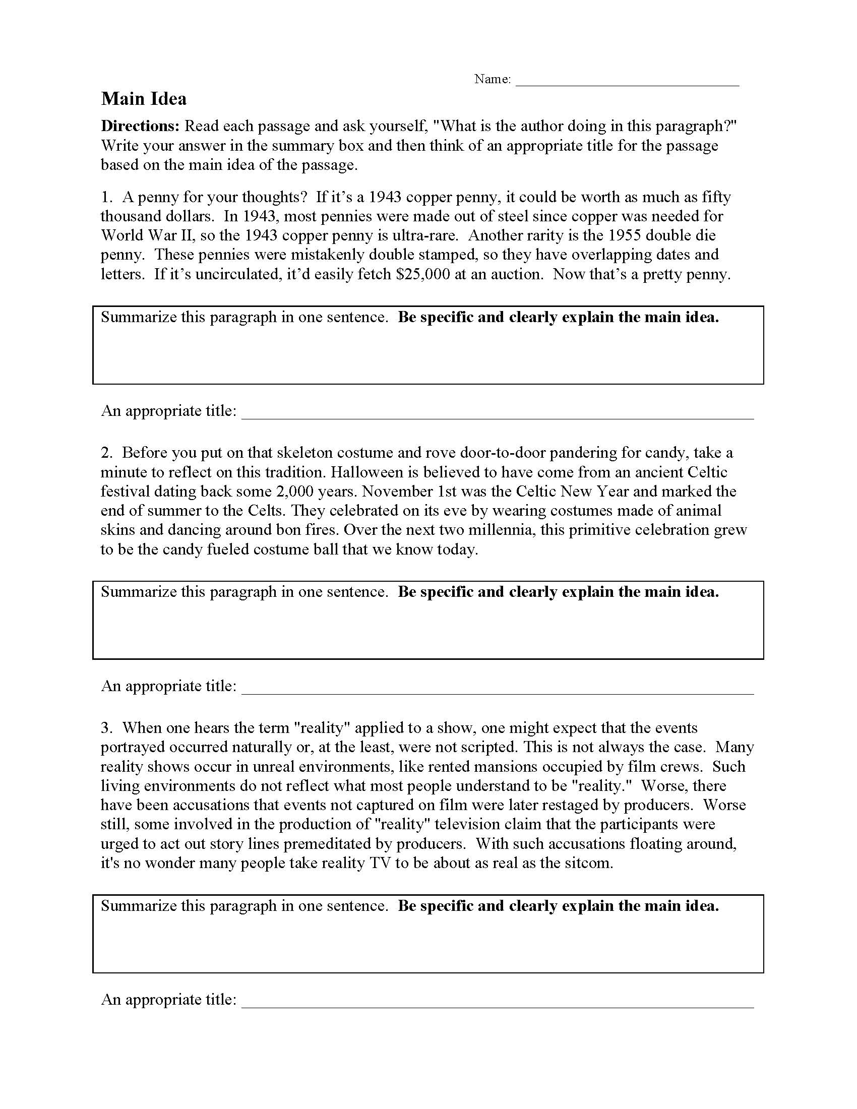 This is a preview image of Main Idea Worksheet 1. Click on it to enlarge it or view the source file.