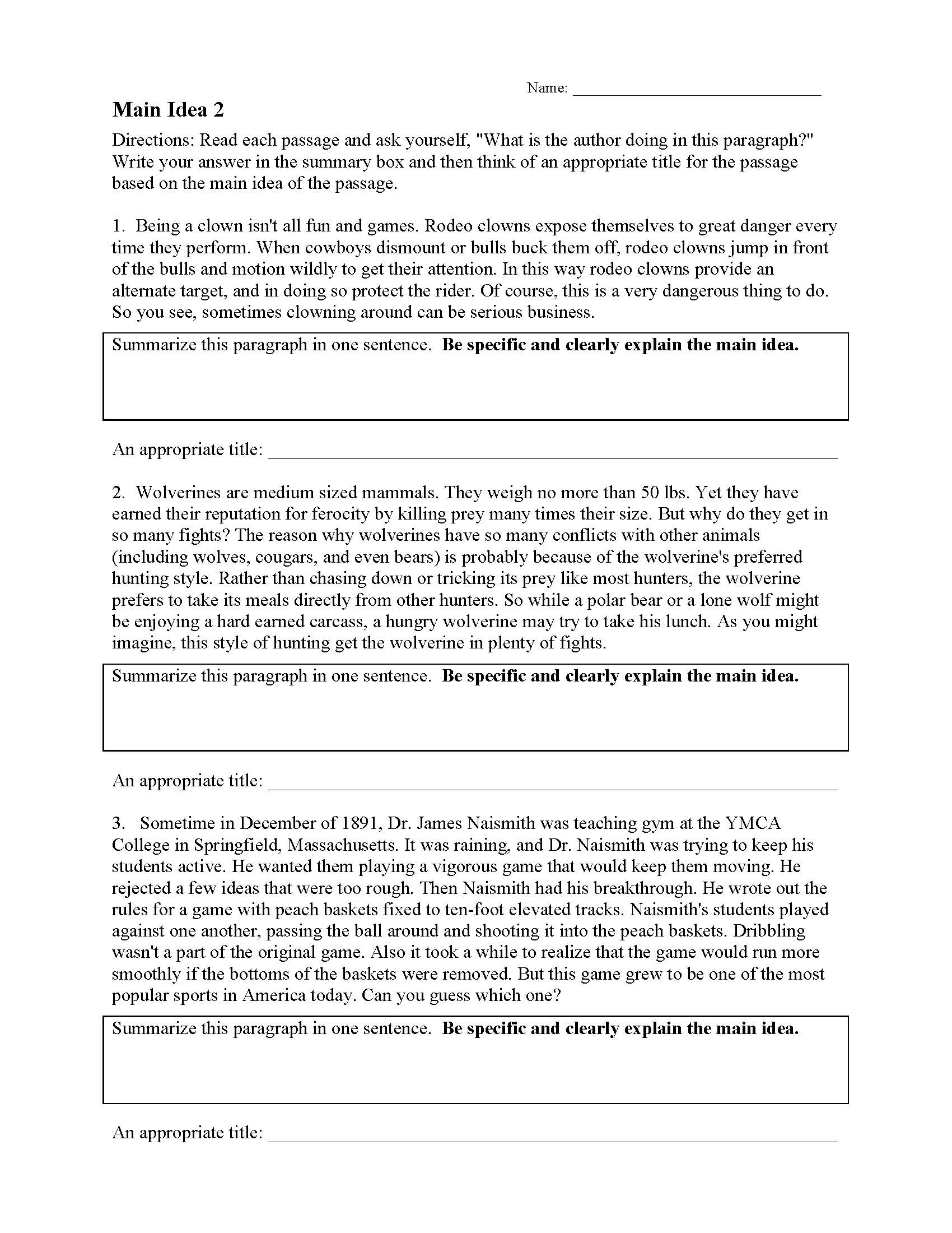 This is a preview image of Main Idea Worksheet 2. Click on it to enlarge it or view the source file.