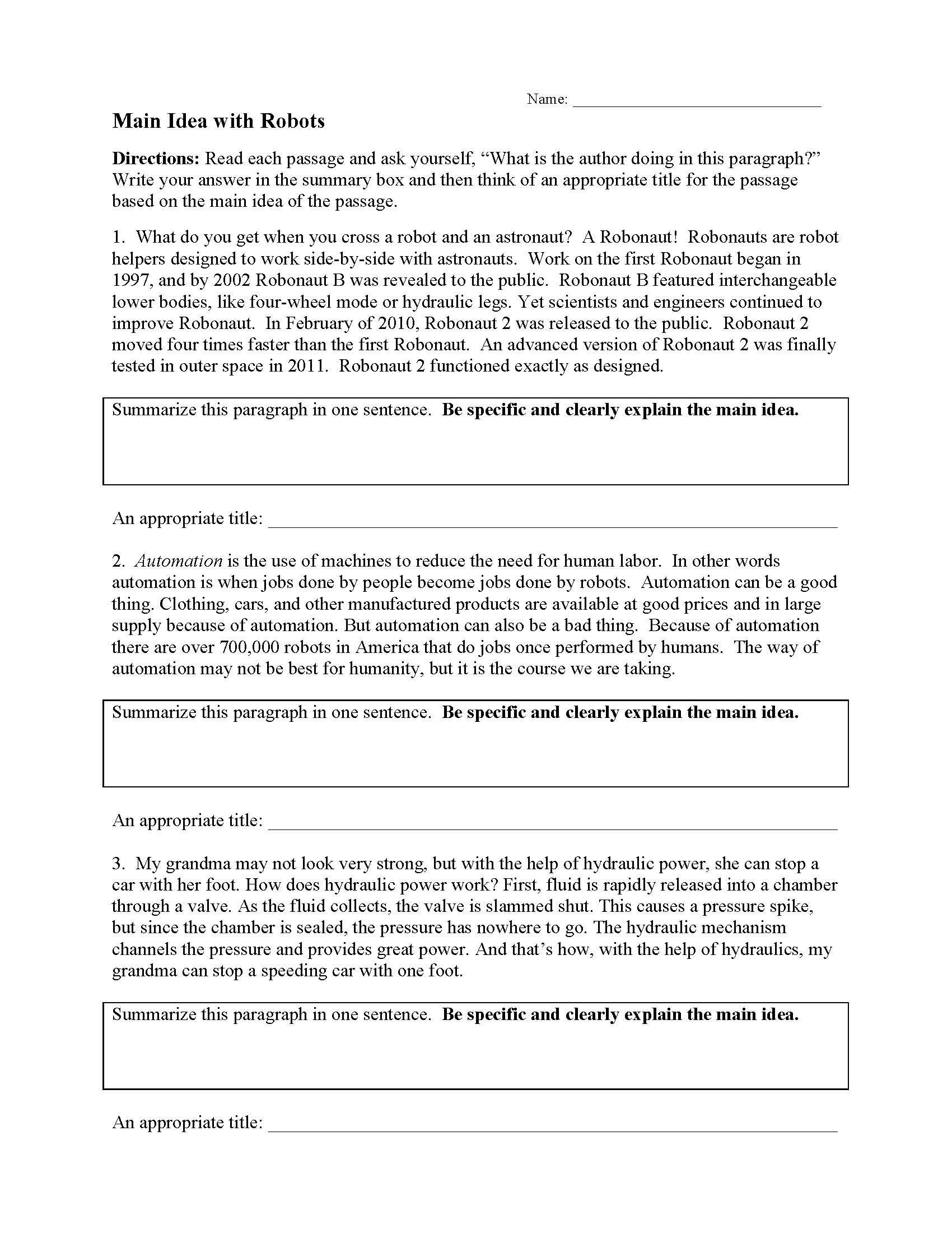 This is a preview image of Main Idea Worksheet 3. Click on it to enlarge it or view the source file.
