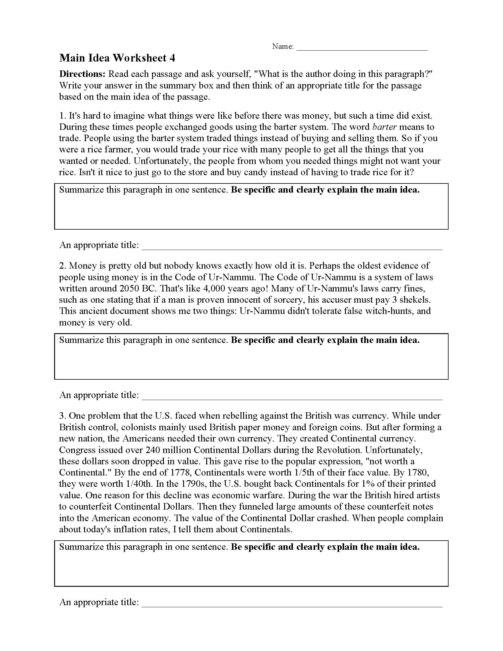 Main Idea Worksheet 4 Preview