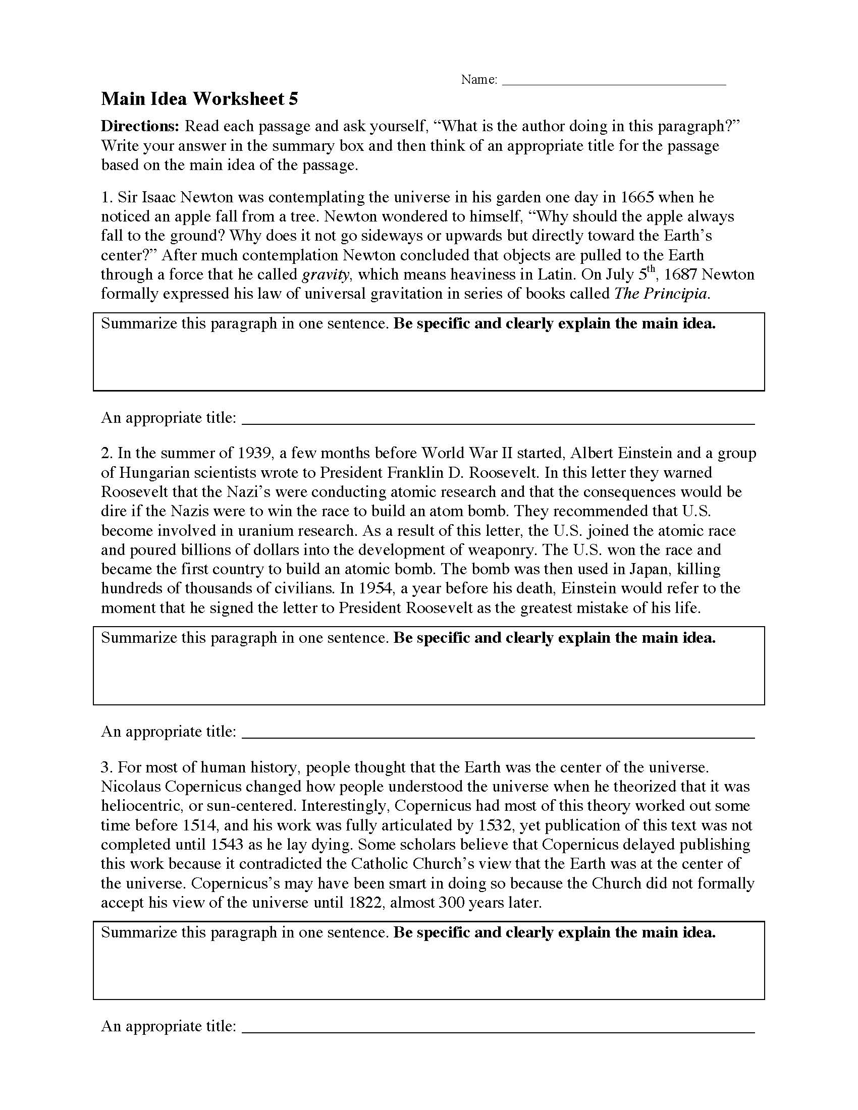 This is a preview image of Main Idea Worksheet 5. Click on it to enlarge it or view the source file.
