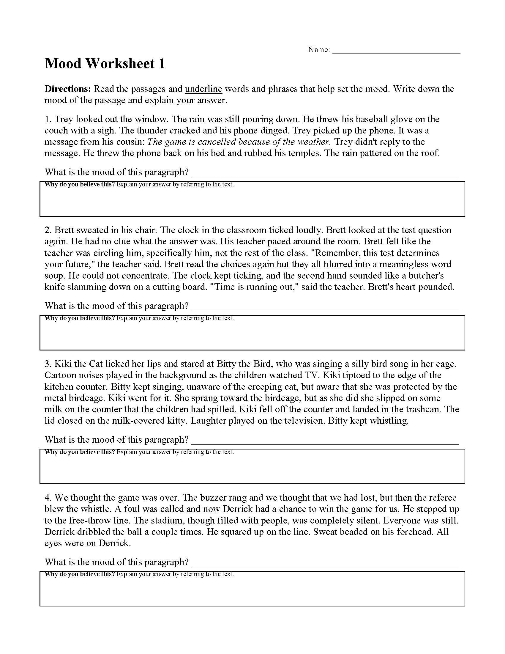 Identifying Mood And Tone Worksheets