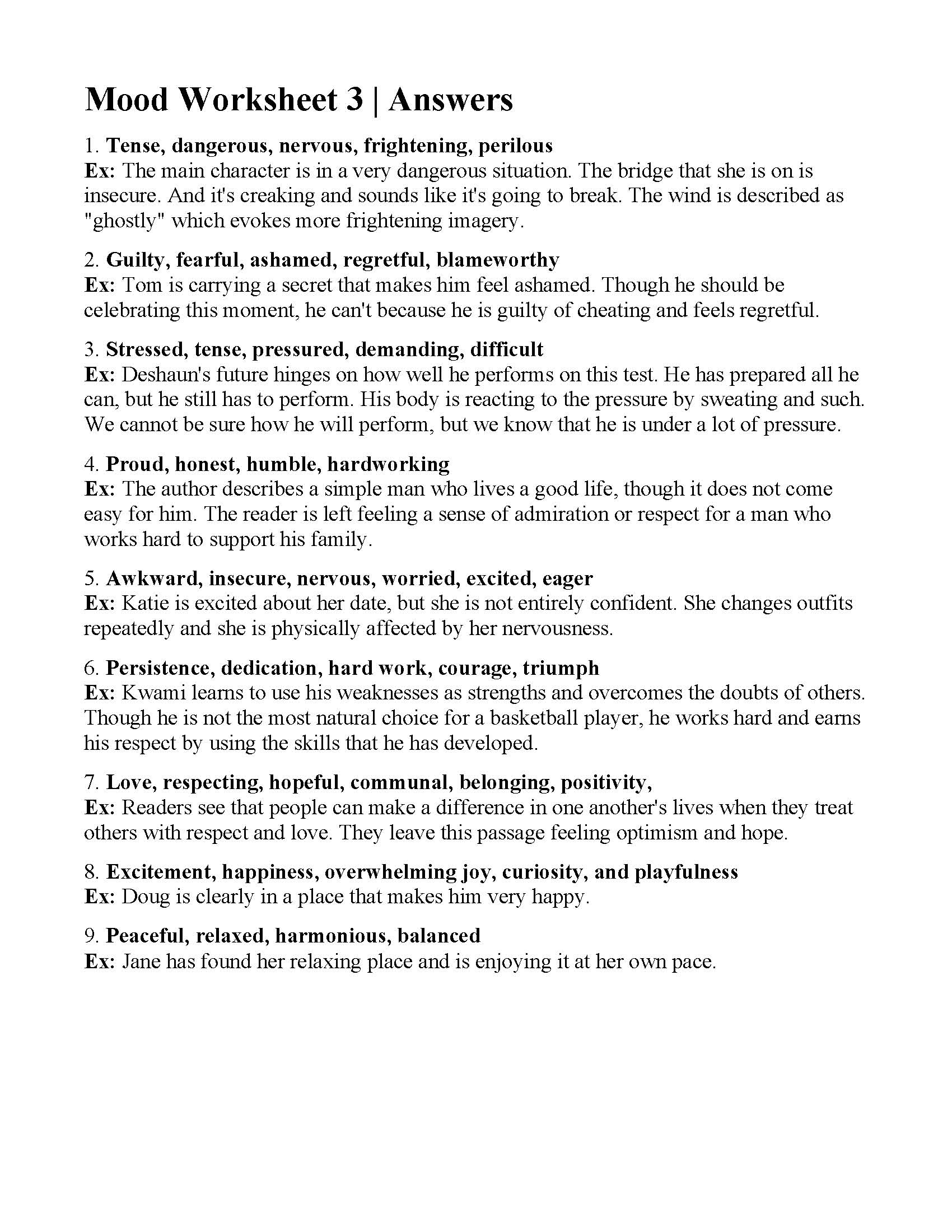 Mood Worksheet 3 | Answers