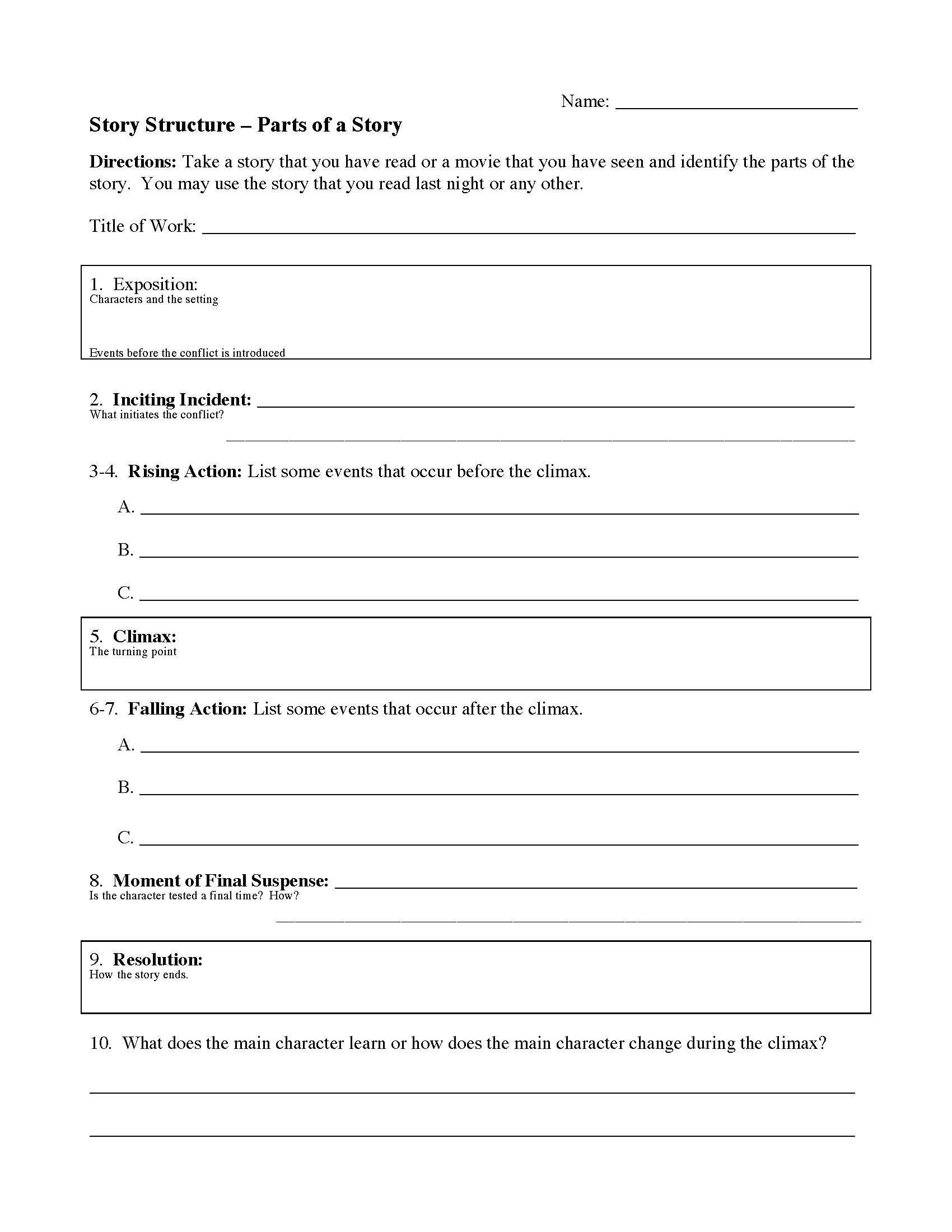 5th Grade Story Elements Chart