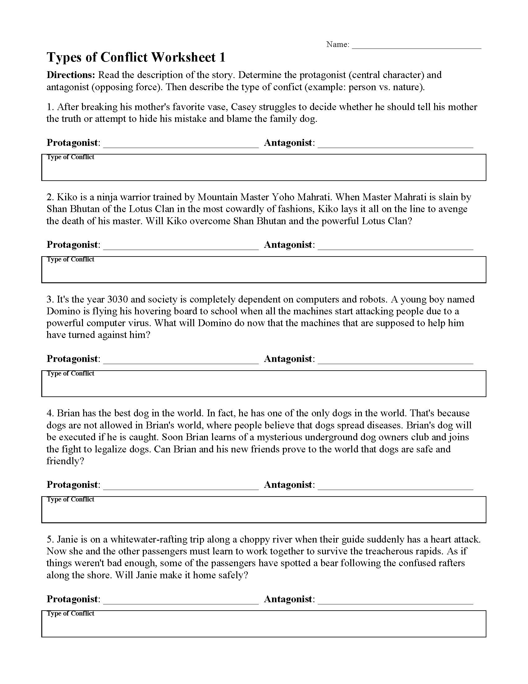 Types of Conflict Worksheet 11  Reading Activity Regarding Protagonist And Antagonist Worksheet