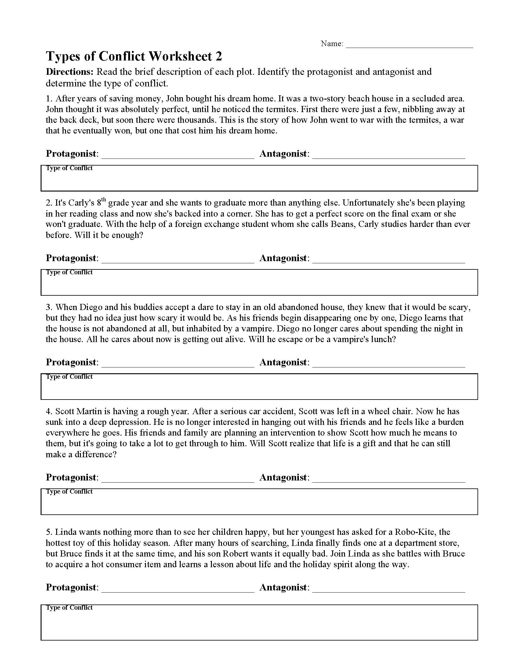 Types of Conflict Worksheet 21  Reading Activity With Regard To Protagonist And Antagonist Worksheet
