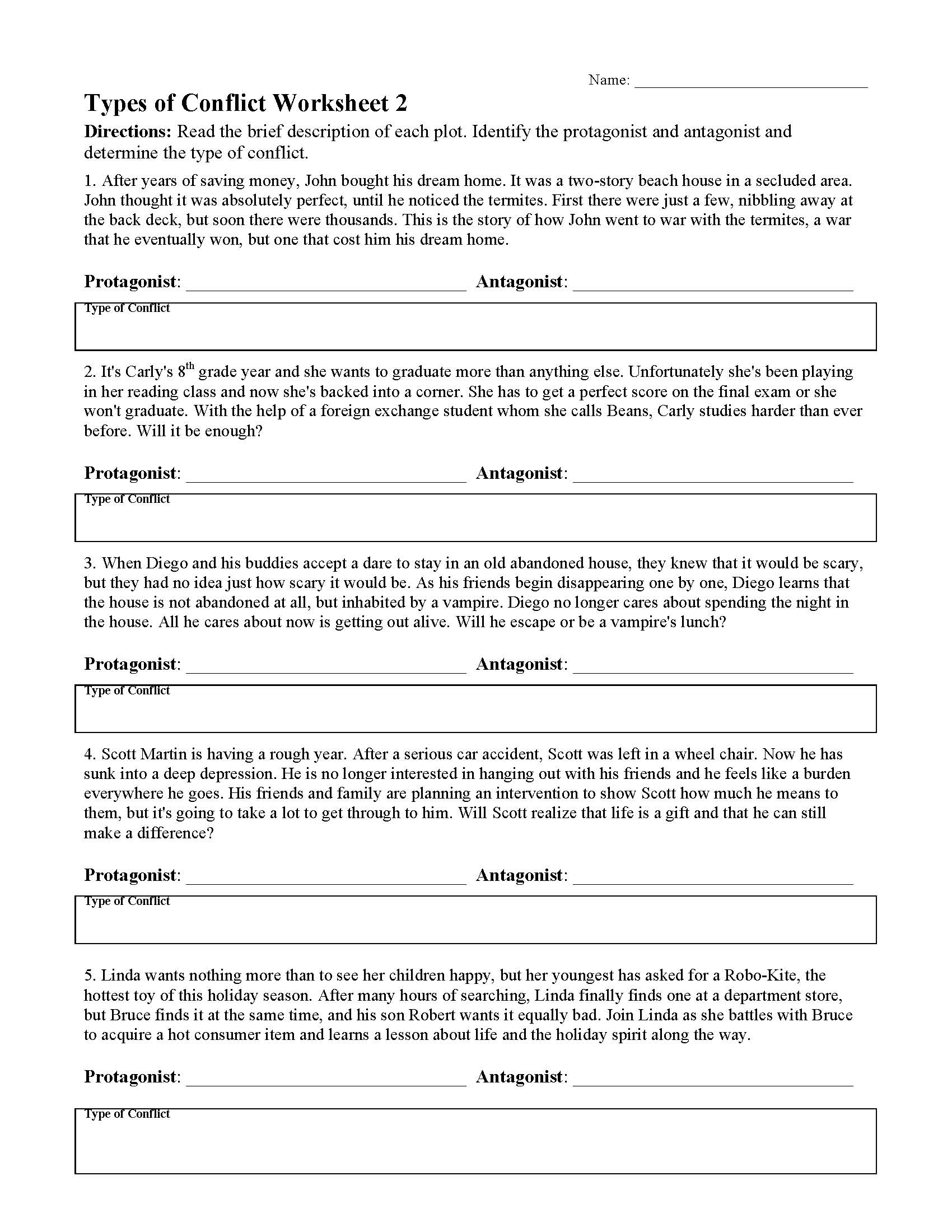 This is a preview image of Types of Conflict Worksheet 2. Click on it to enlarge it or view the source file.