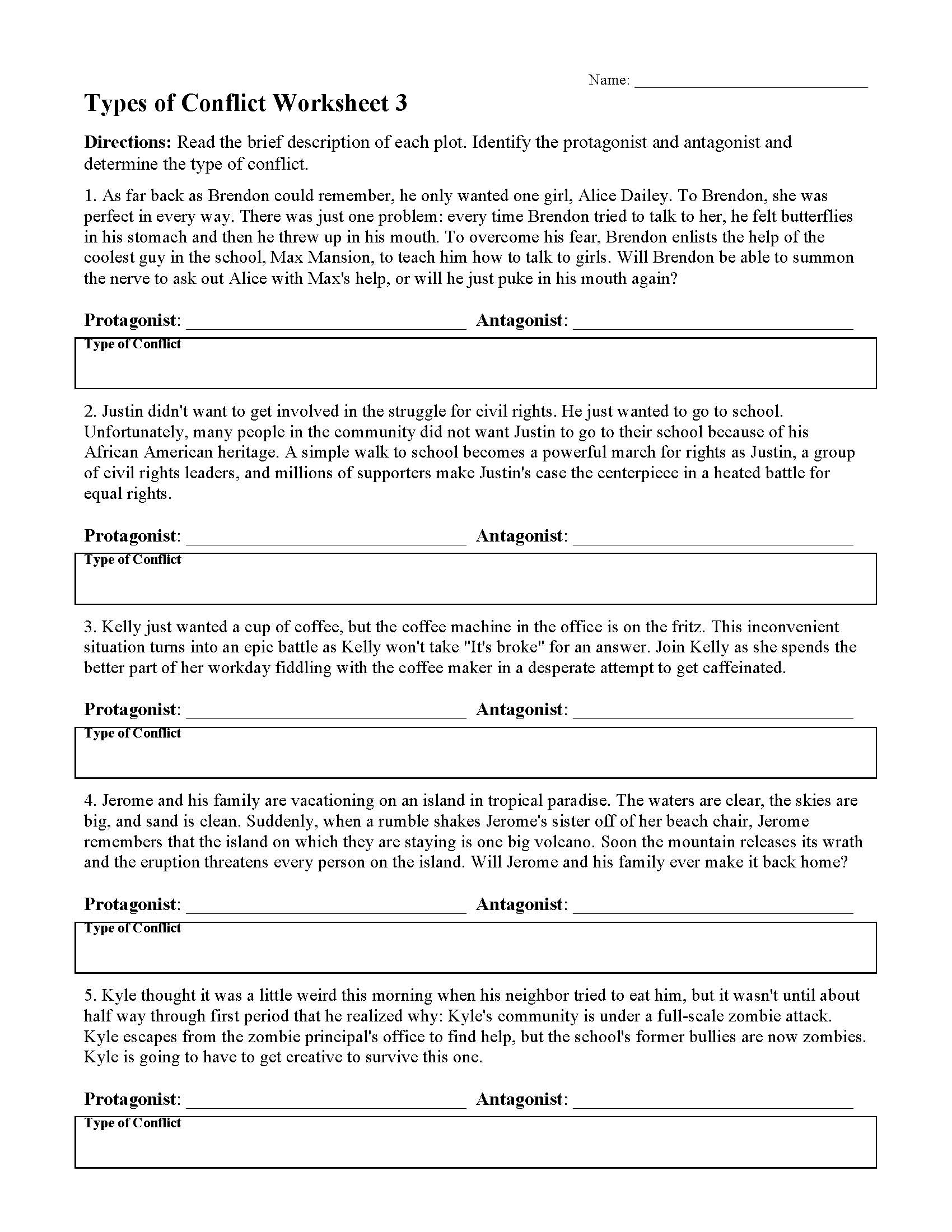 This is a preview image of Types of Conflict Worksheet 3. Click on it to enlarge it or view the source file.