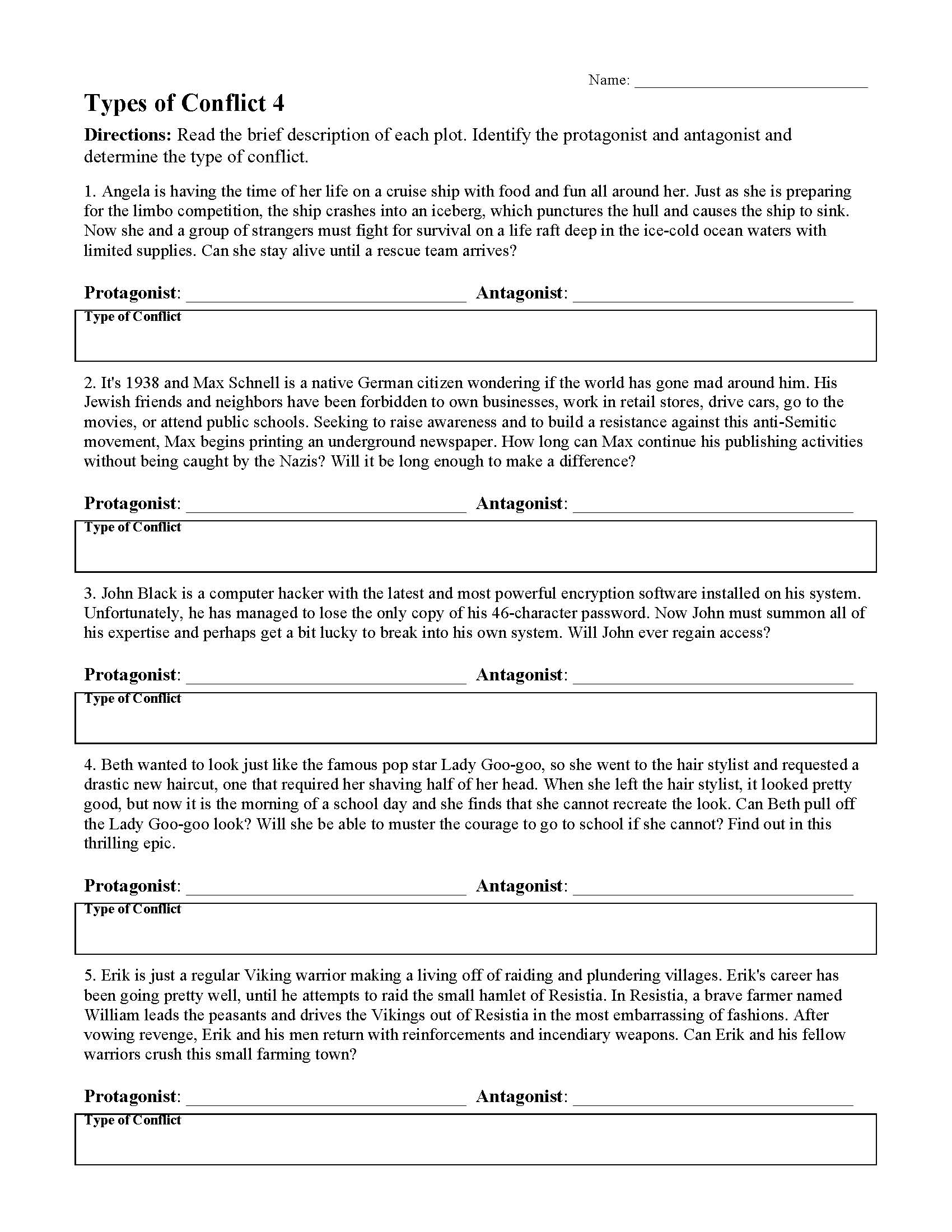 This is a preview image of Types of Conflict Worksheet 4. Click on it to enlarge it or view the source file.
