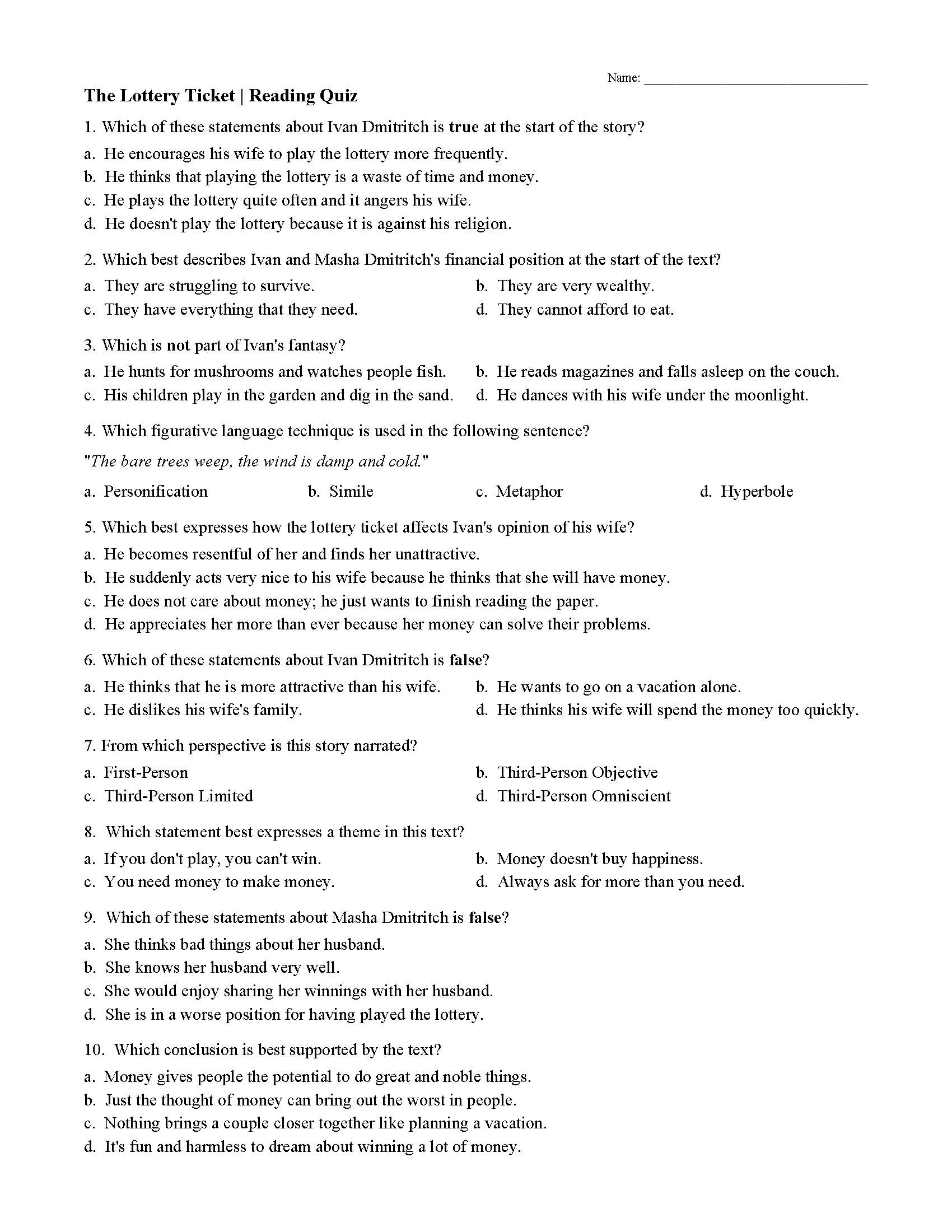 The Lottery Worksheet Answers