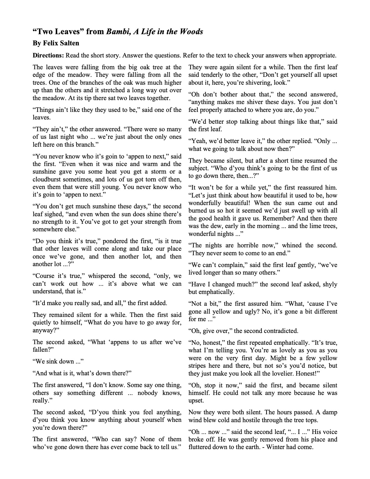 Short Stories with Questions | Ereading Worksheets