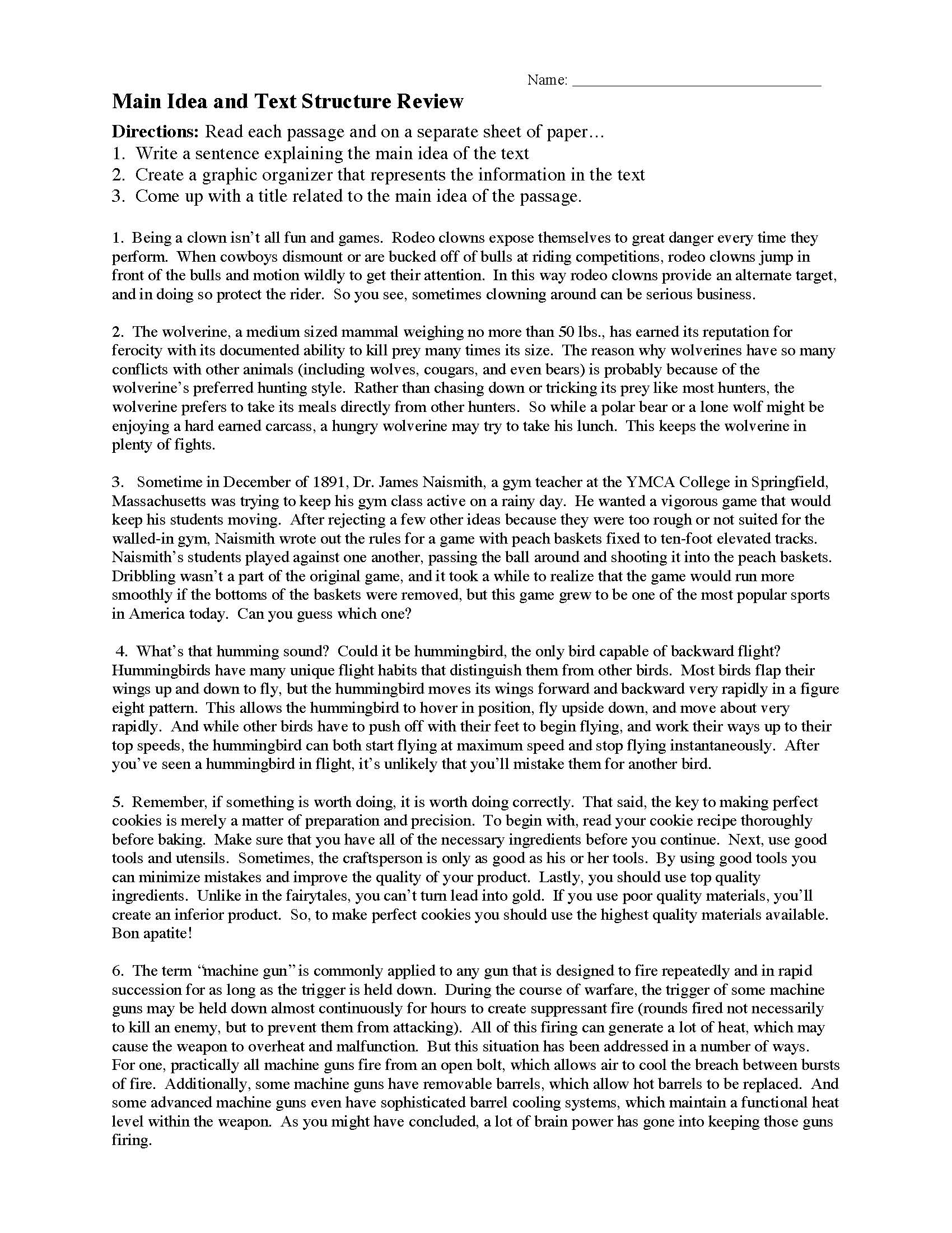 This is a preview image of Main Idea and Text Structure Worksheet 1. Click on it to enlarge it or view the source file.