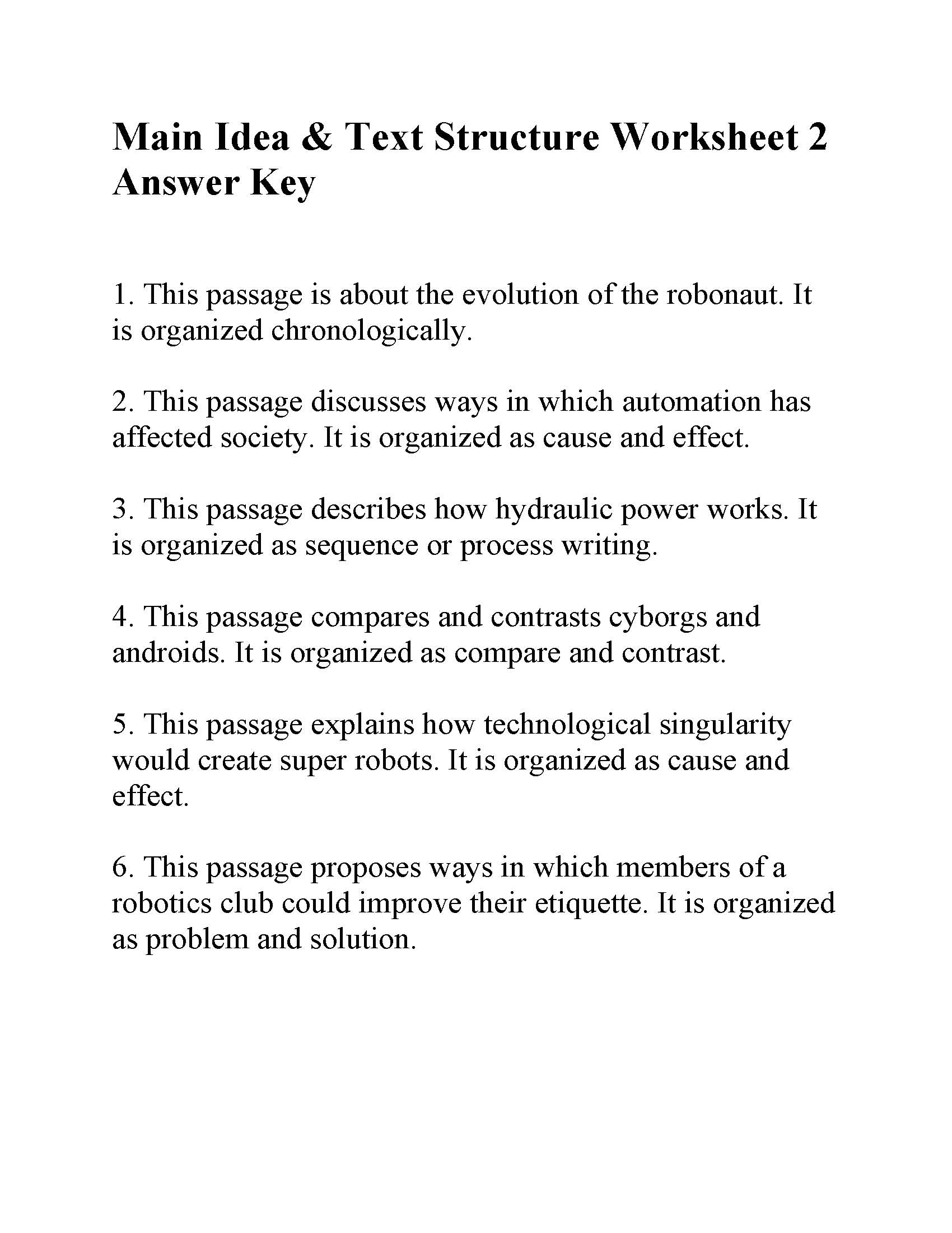 This is the answer key for the Main Idea and Text Structure Worksheet 2.