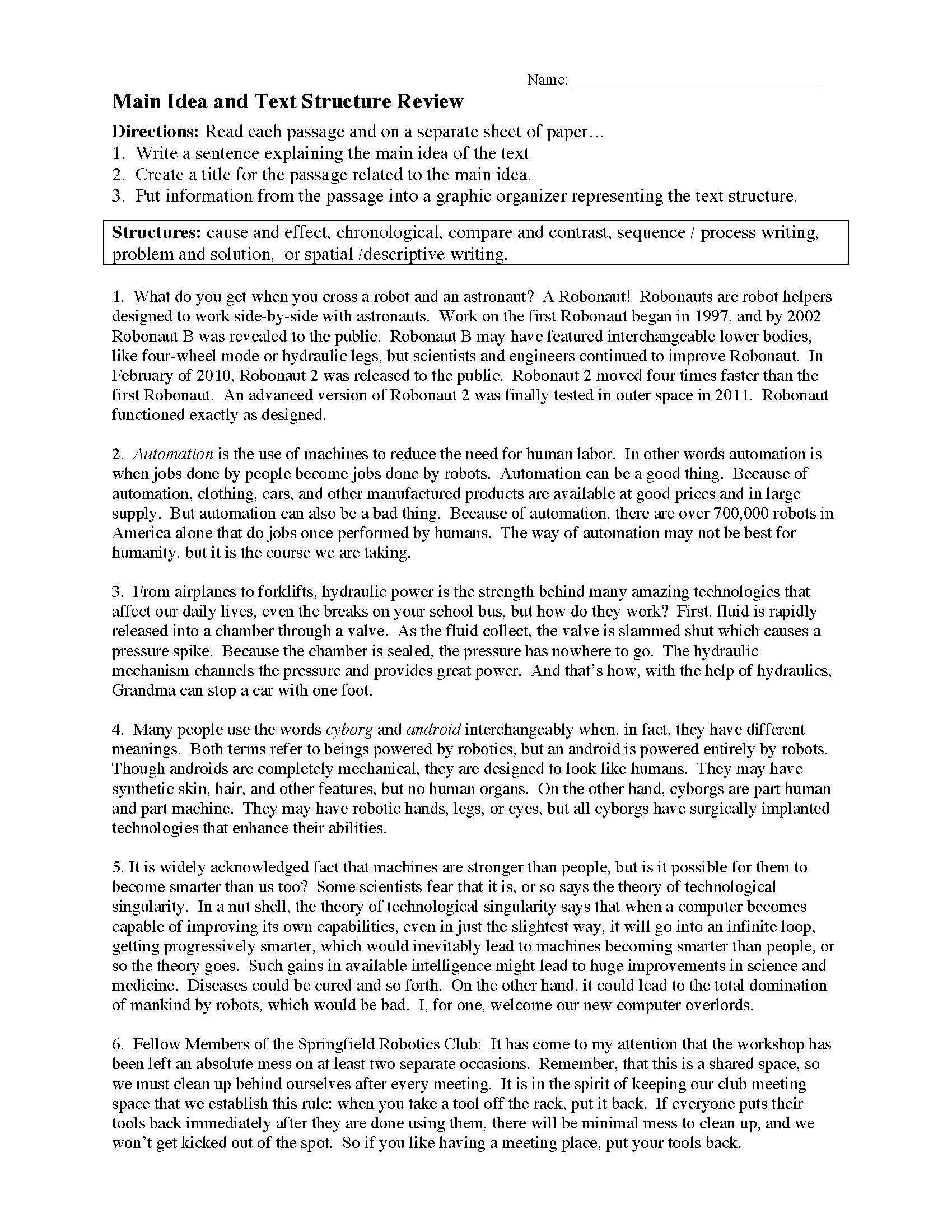 This is a preview image of the Main Idea and Text Structure Worksheet 2.