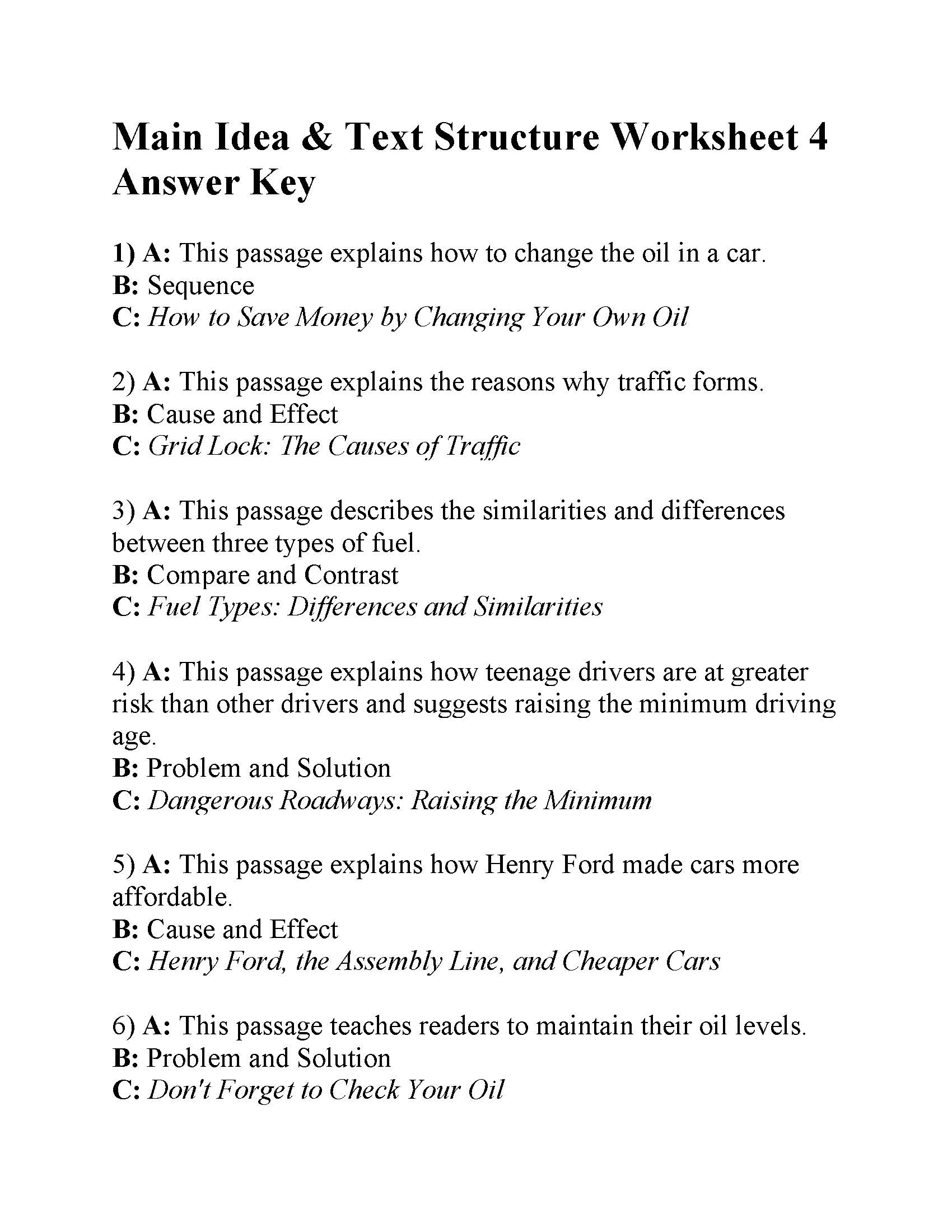 This is the answer key for the Main Idea and Text Structure Worksheet 4.