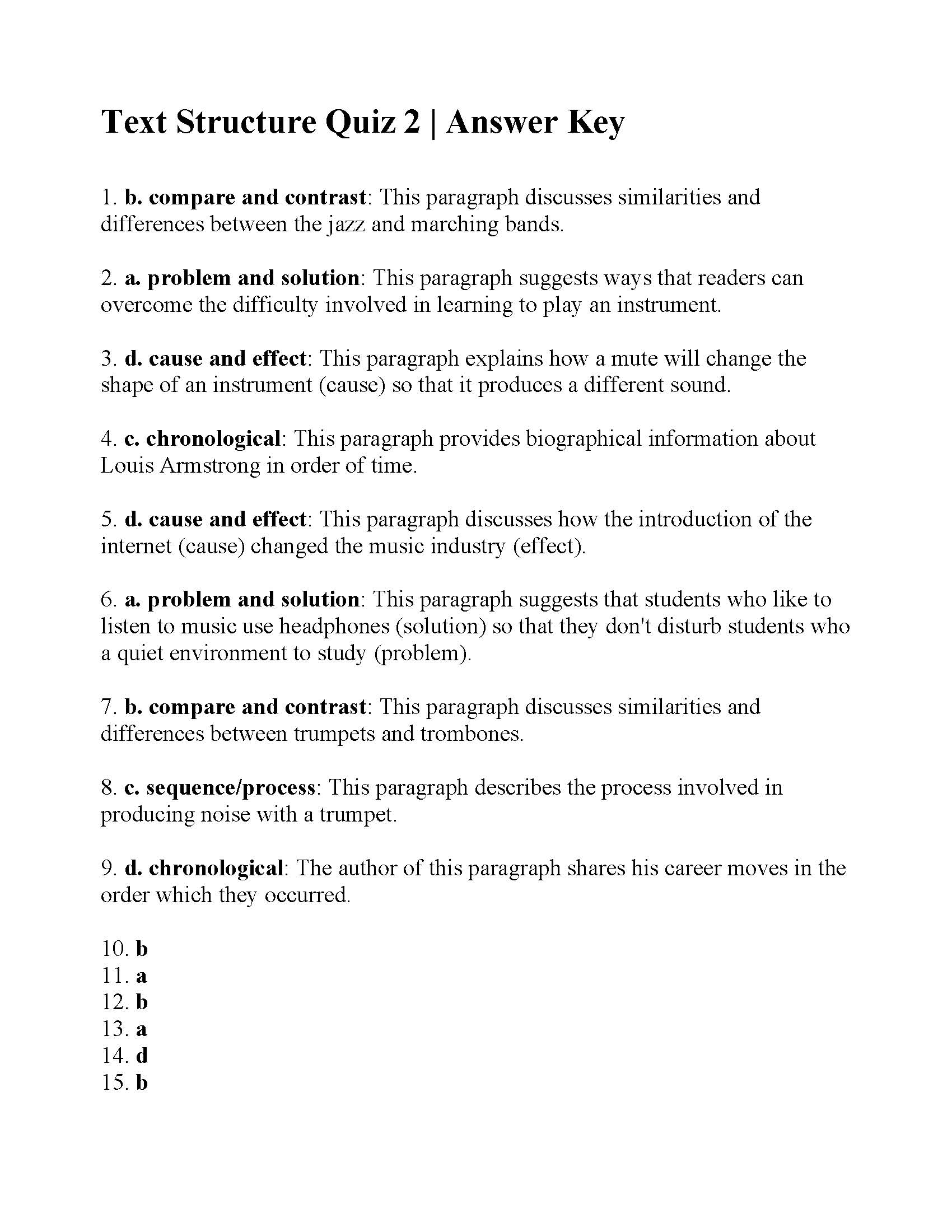 This is the answer key for the Text Structure Quiz 2.