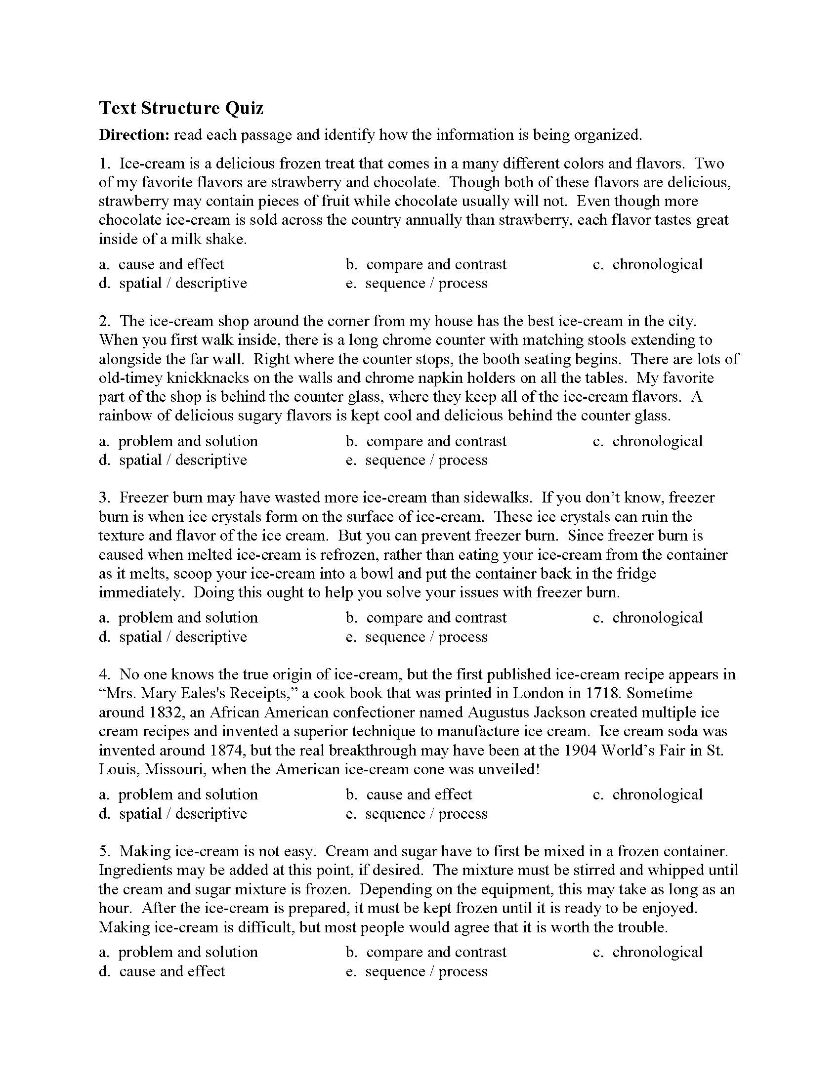 Identifying Text Structure 4 Answer Key