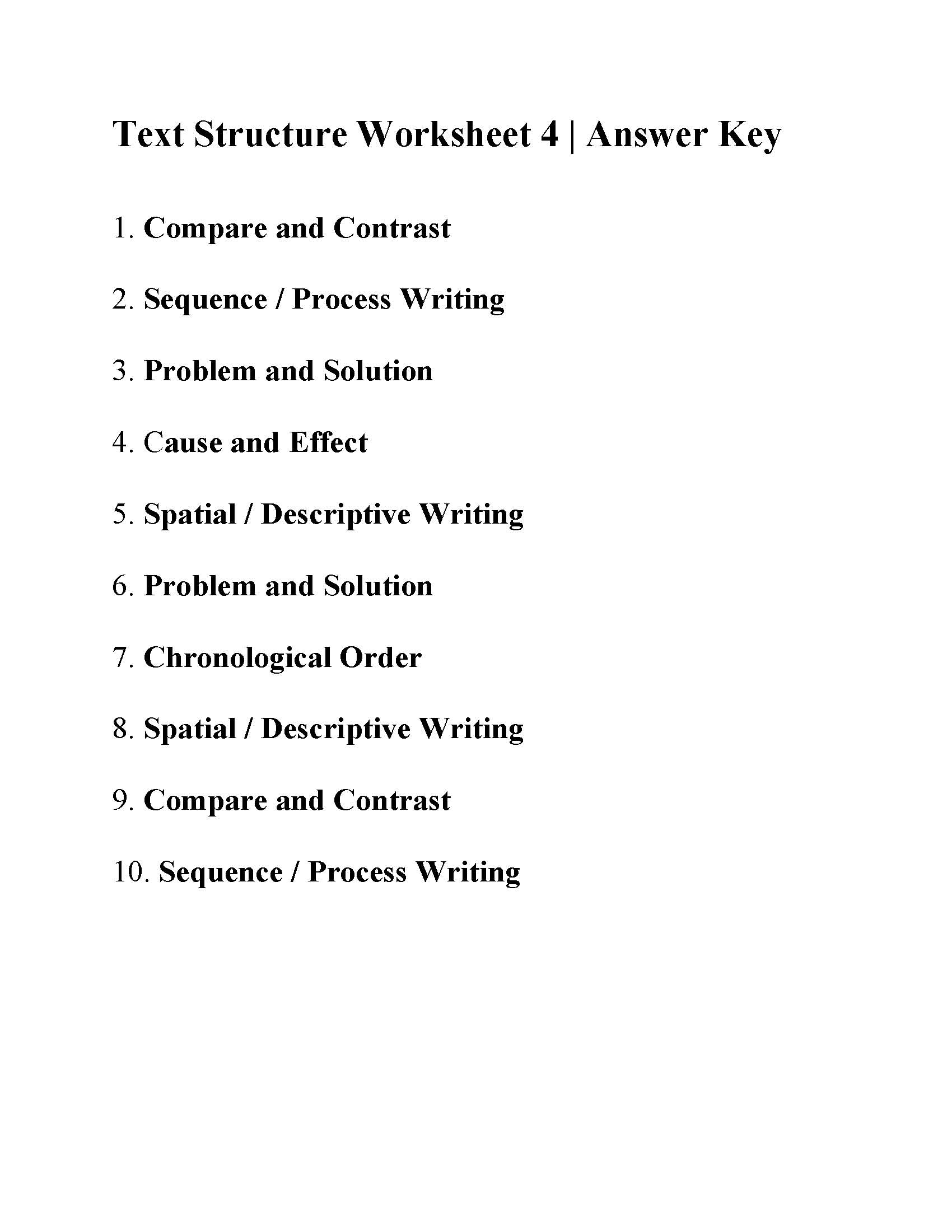 This is the answer key for the Text Structure Worksheet 4.
