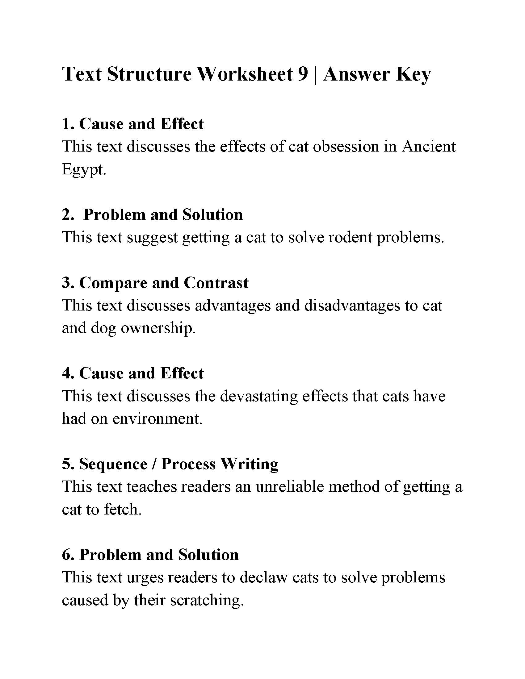 Text Structure Worksheet 9 | Answers