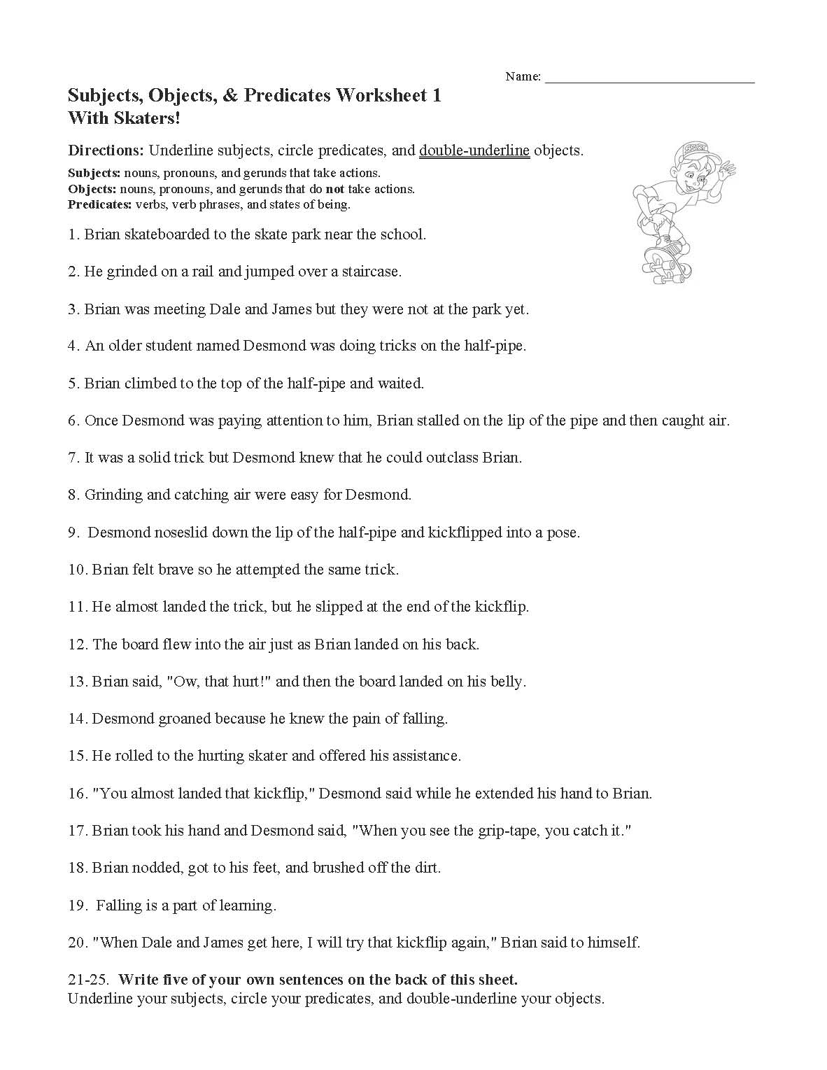 Subjects, Objects, and Predicates with Skaters Worksheet Within Subject Predicate Worksheet Pdf