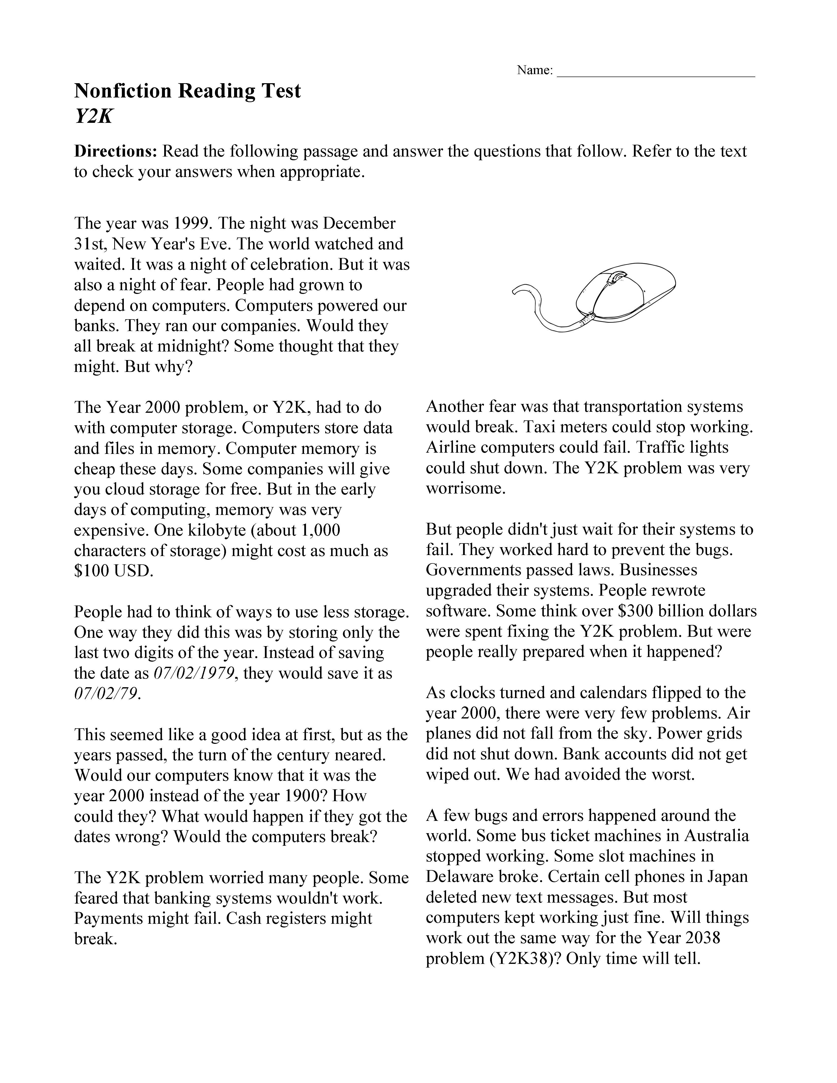 Reading Comprehension Answer Sheets