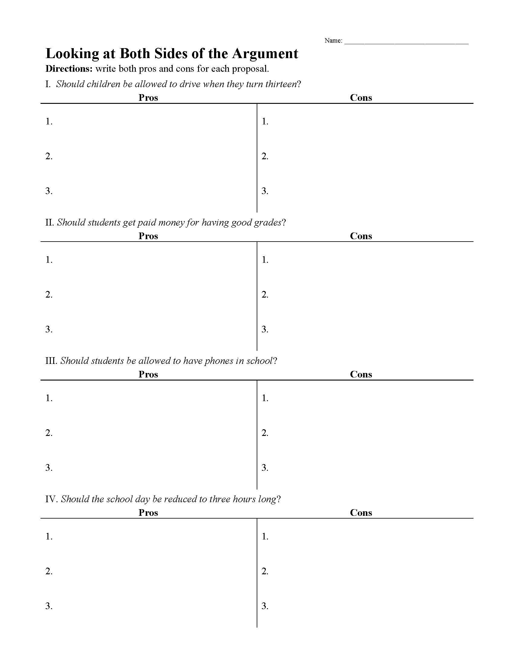 This is a preview image of the Arguing Both Sides Worksheet 2.