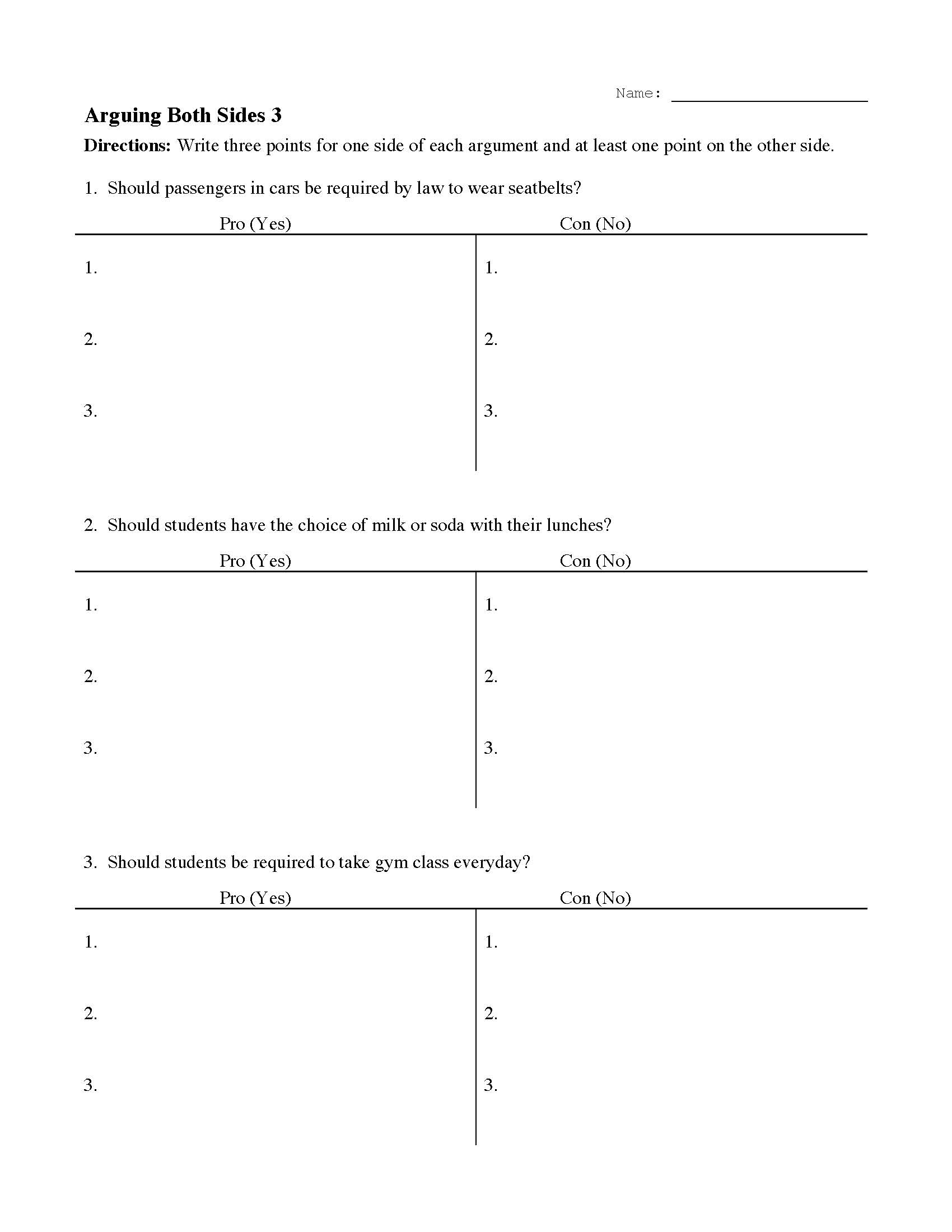 This is a preview image of the Arguing Both Sides Worksheet 3.