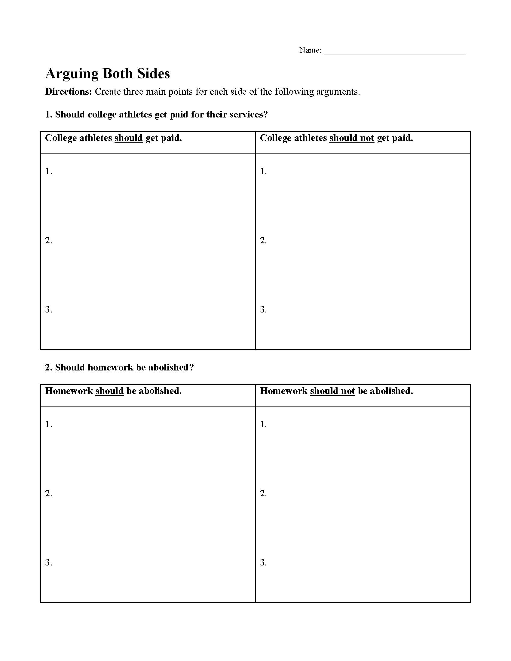 This is a preview image of the Arguing Both Sides Worksheet.