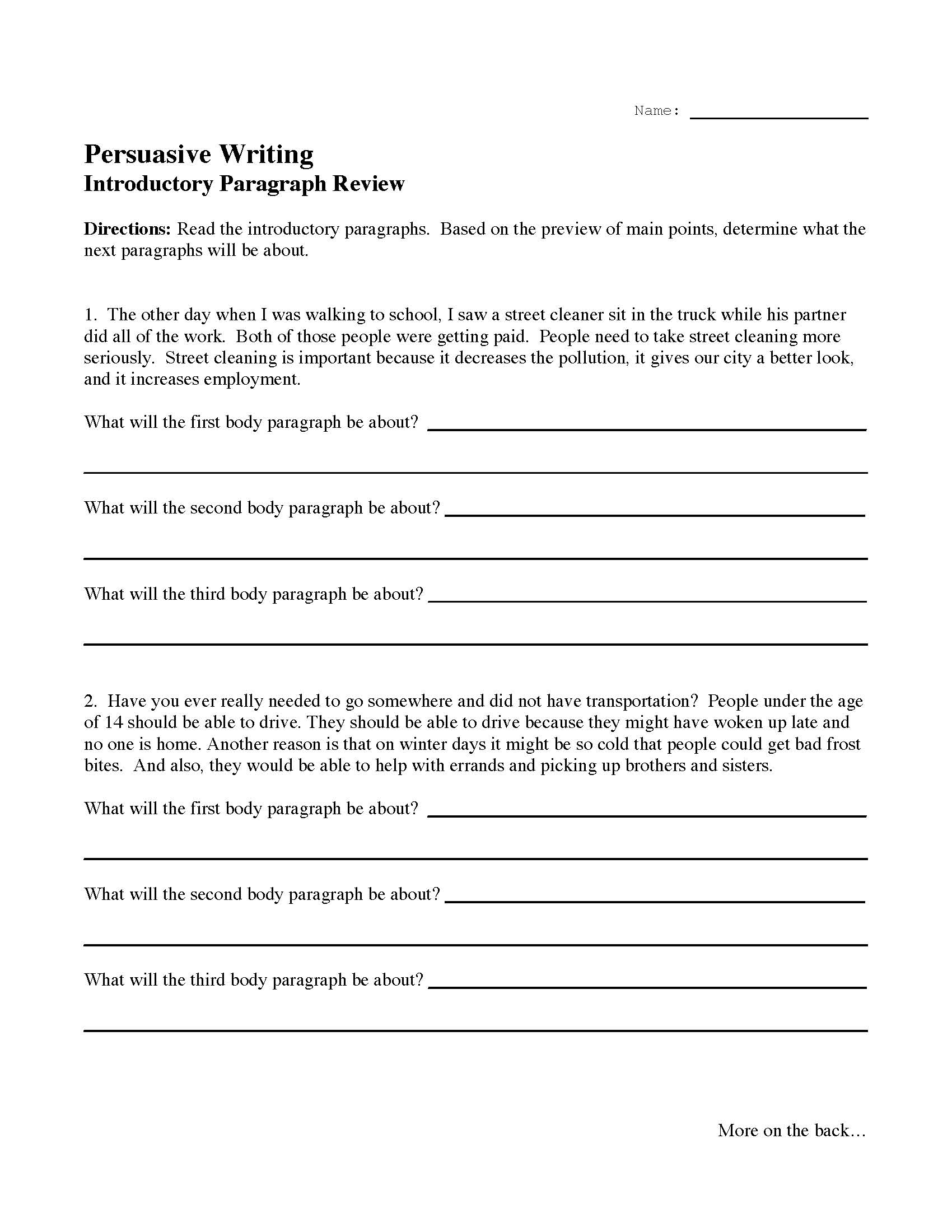 essay introduction worksheet