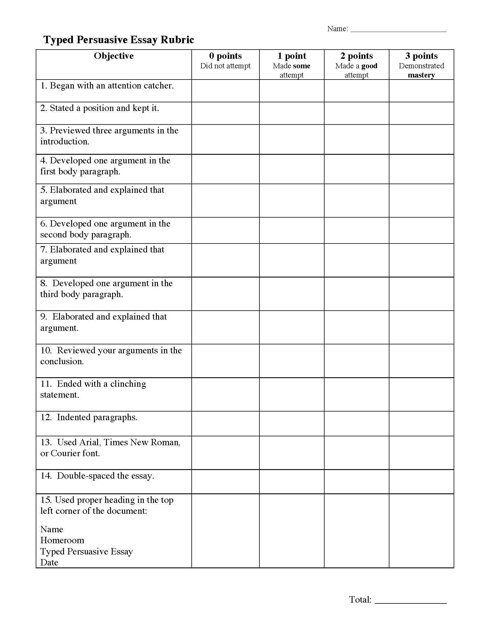 Typed Persuasive Essay Rubric Preview